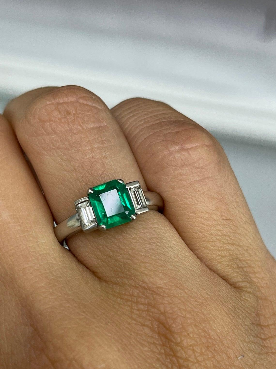 1.72tcw Plat Three Stone Colombian Emerald Cut & Baguette Diamond Ring For Sale 1