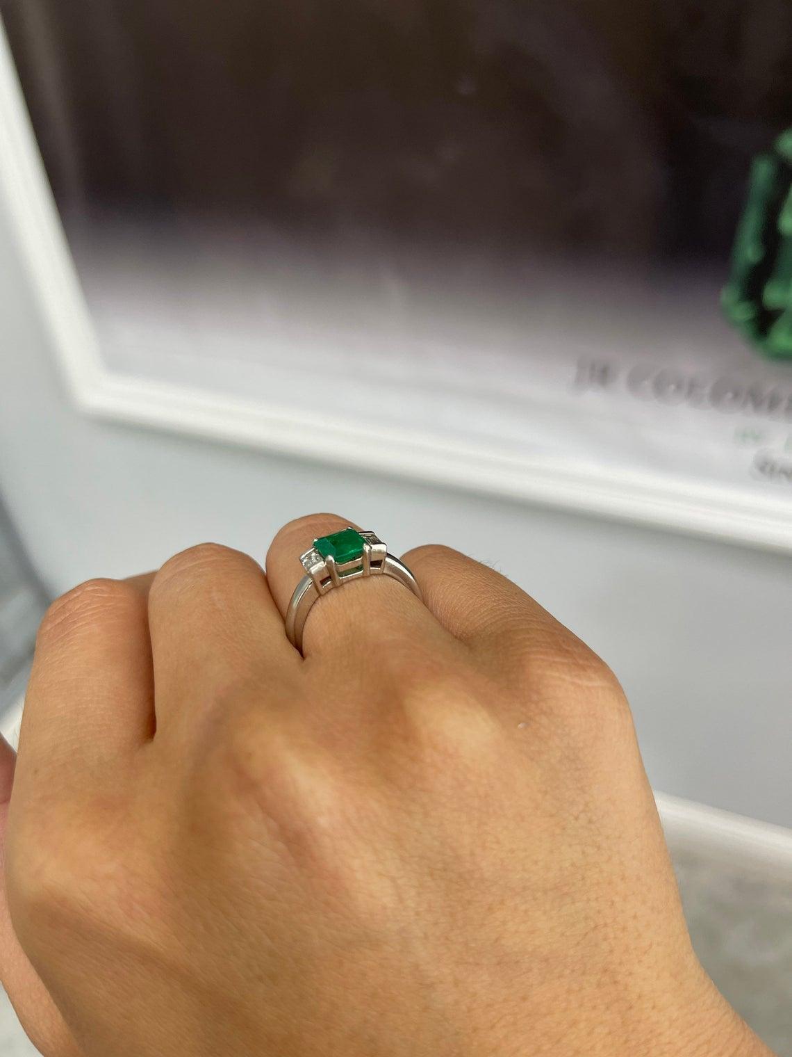 1.72tcw Plat Three Stone Colombian Emerald Cut & Baguette Diamond Ring For Sale 2