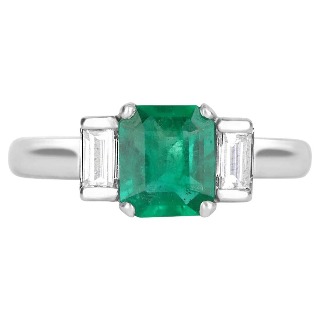 1.72tcw Plat Three Stone Colombian Emerald Cut & Baguette Diamond Ring For Sale