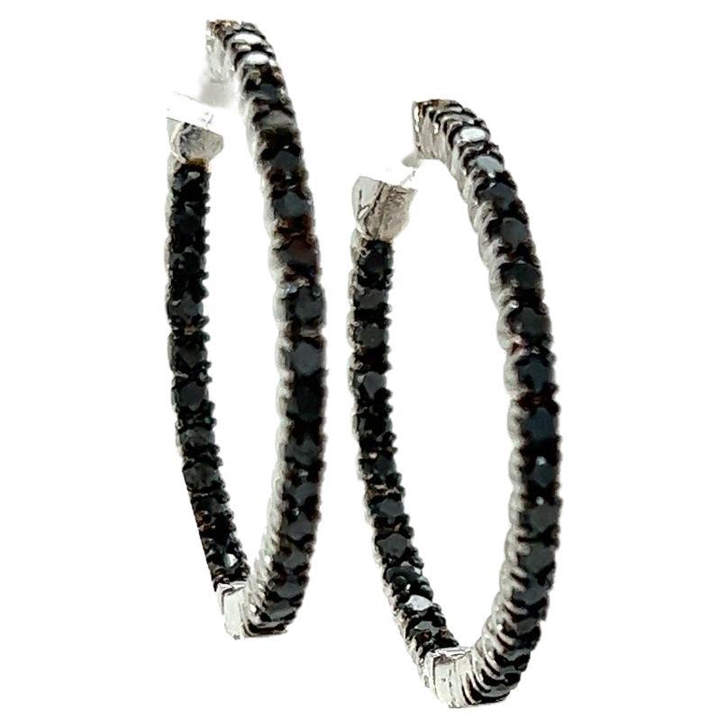 1.73 Carat Black Diamond 14 Karat White Gold Hoop Earrings For Sale