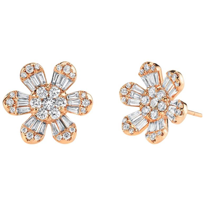 1.73 ct. t.w. Diamond Baguette & Round Floral Motif 18k Rose Gold Stud Earrings