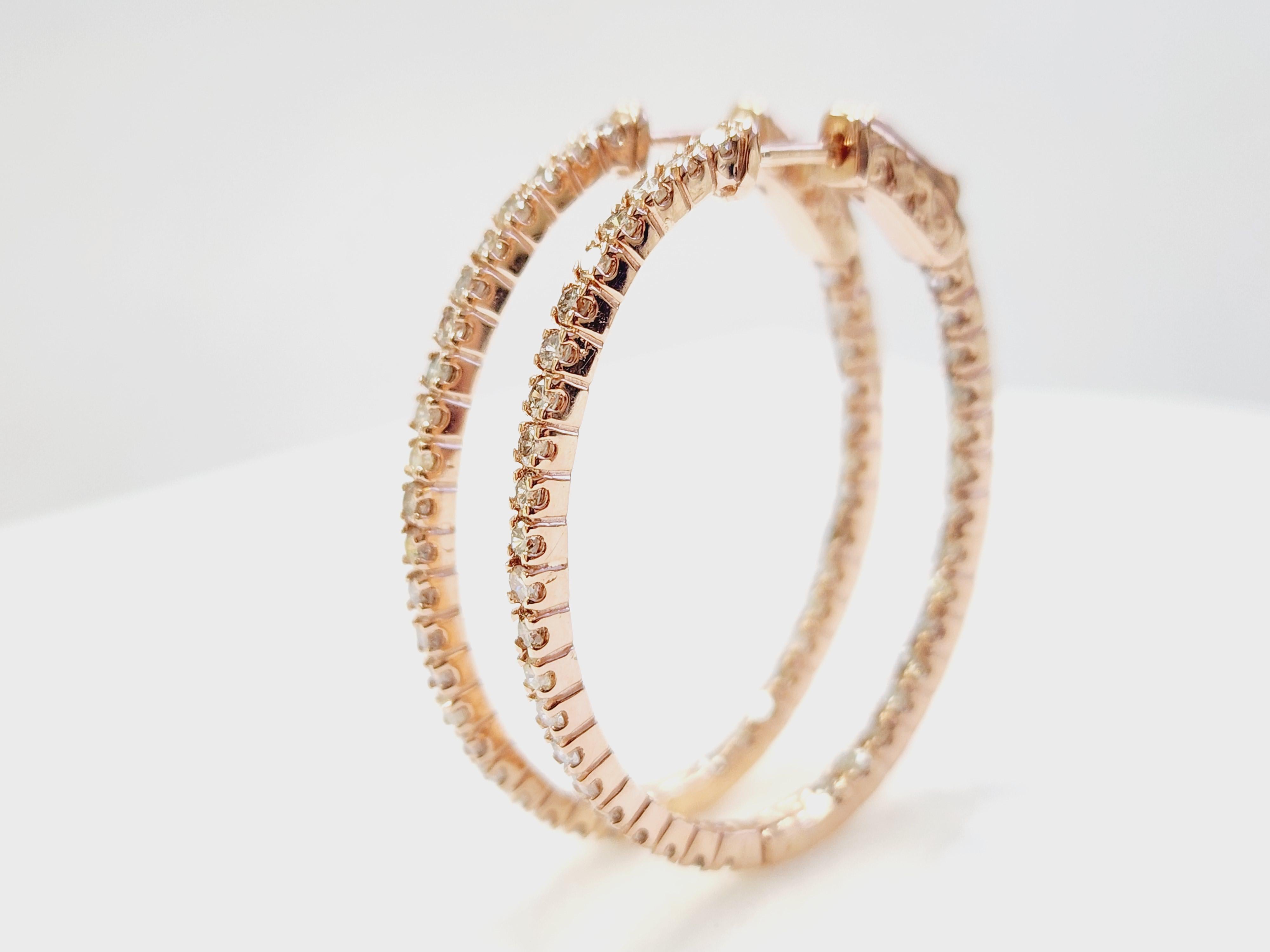 Taglio rotondo Orecchini a cerchio ovali con diamante da 1,73 carati in oro rosa 14 carati in vendita