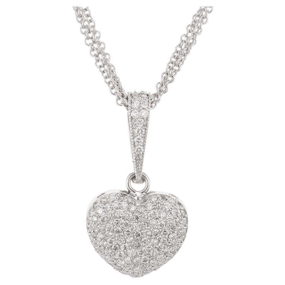 Diamond Puff Heart Necklace 1 Carat 14 Karat White Gold For Sale at 1stDibs