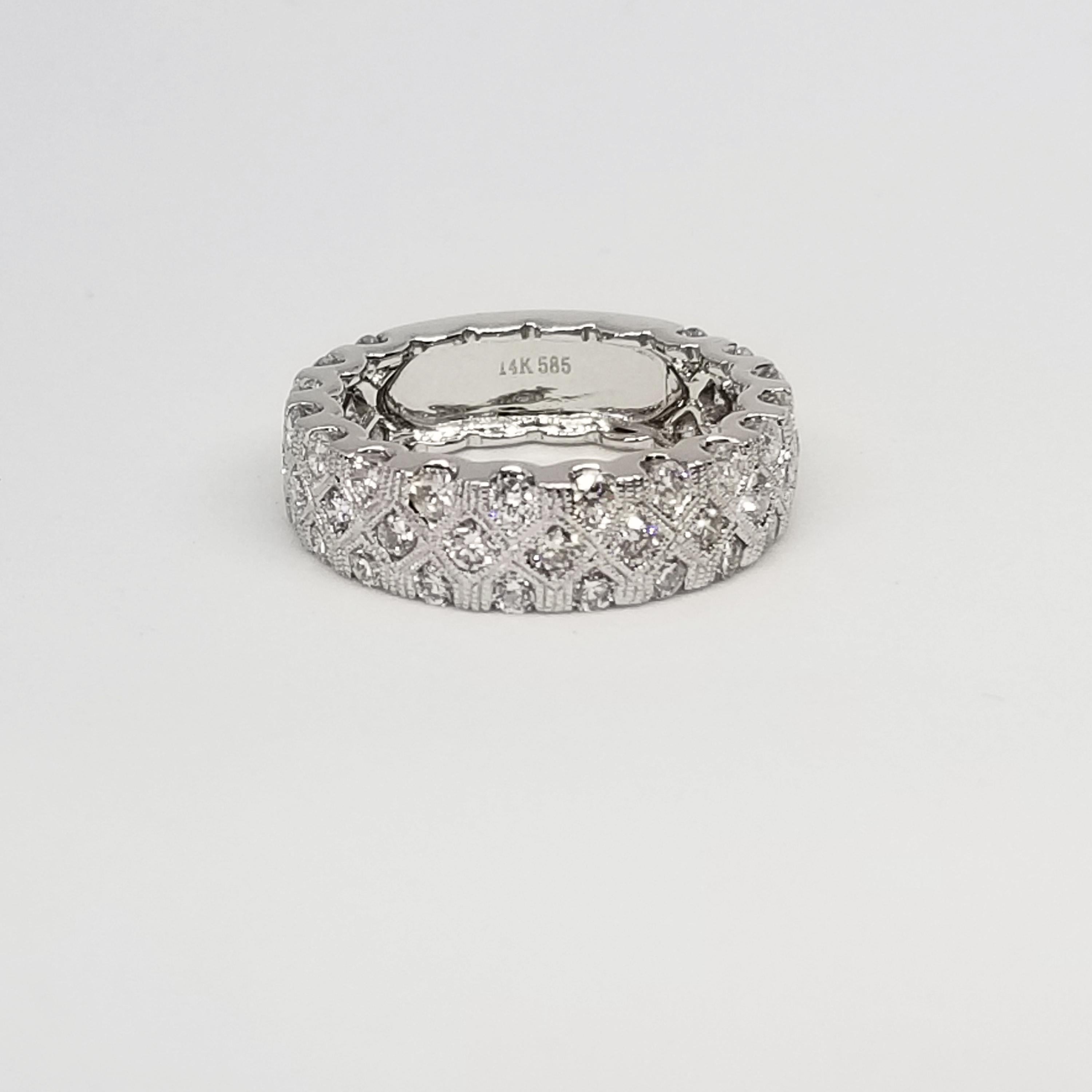 Contemporary 1.73 Carat Diamond Wide Anniversary Band Three-Row Honeycomb Design White Gold For Sale