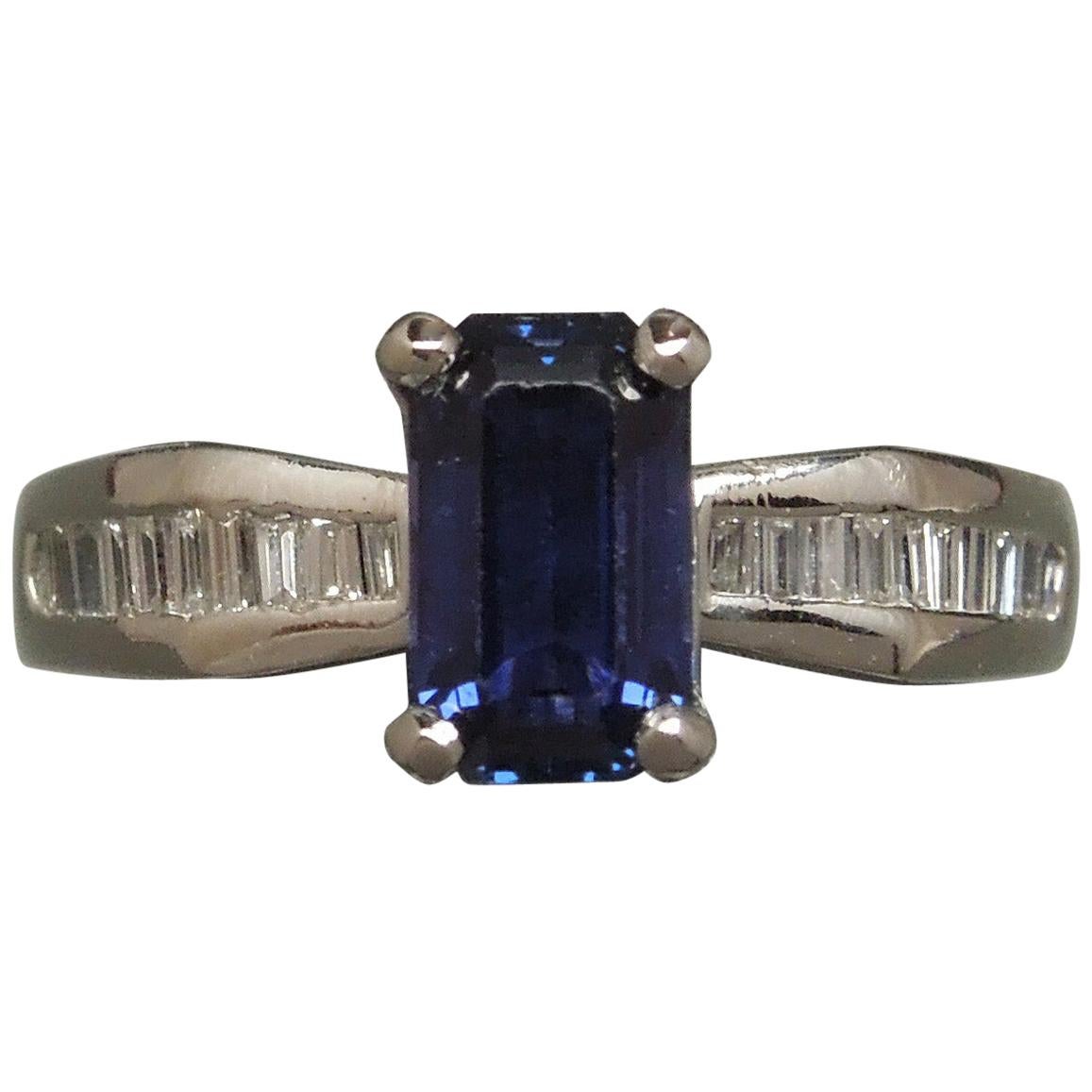 1.73 Carat Emerald Cut GIA Sapphire and Baguette Platinum Ring For Sale