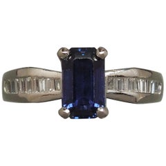 Retro 1.73 Carat Emerald Cut GIA Sapphire and Baguette Platinum Ring
