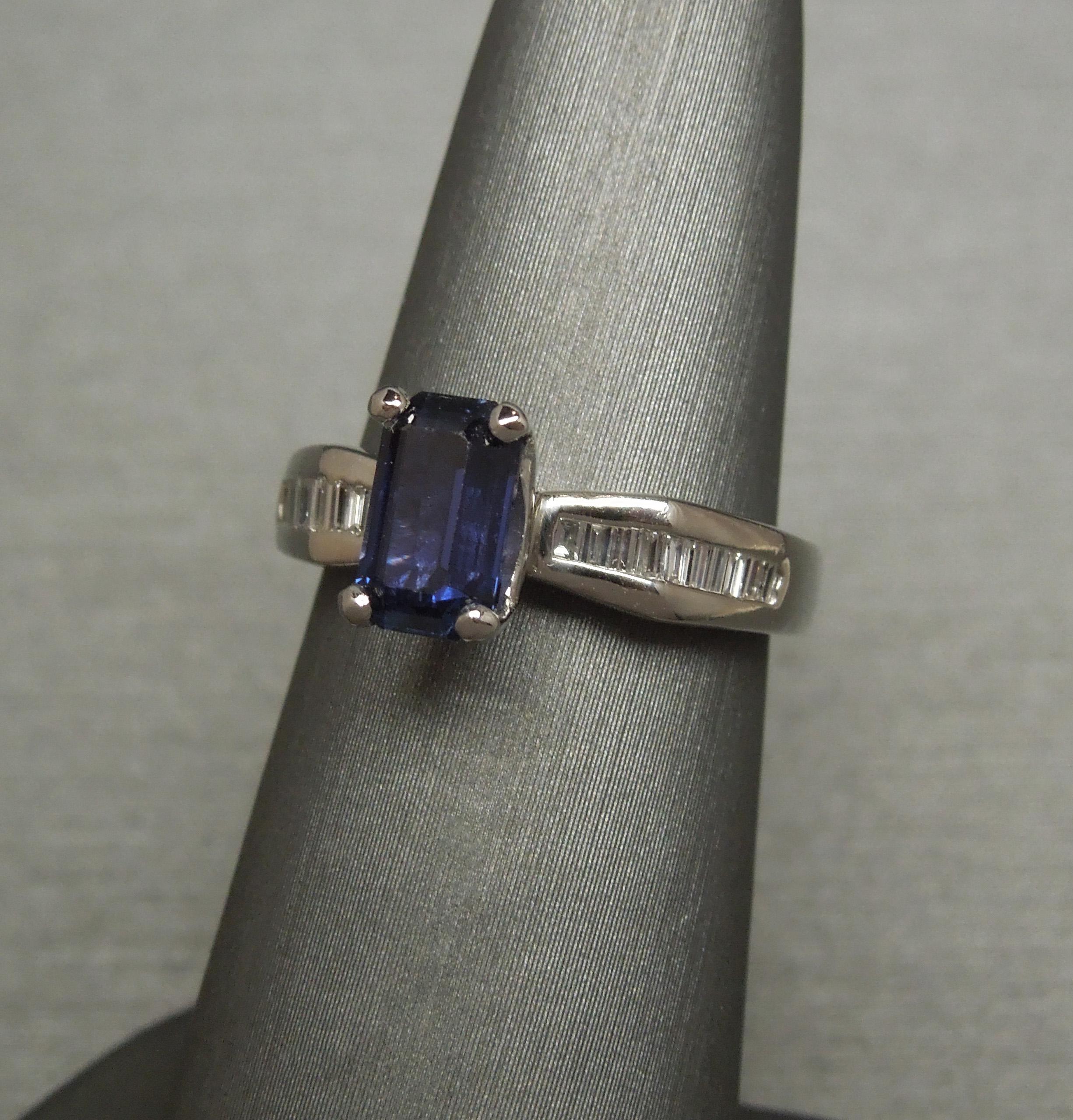 1.73 Carat Emerald Cut GIA Sapphire and Baguette Platinum Ring In Good Condition For Sale In METAIRIE, LA