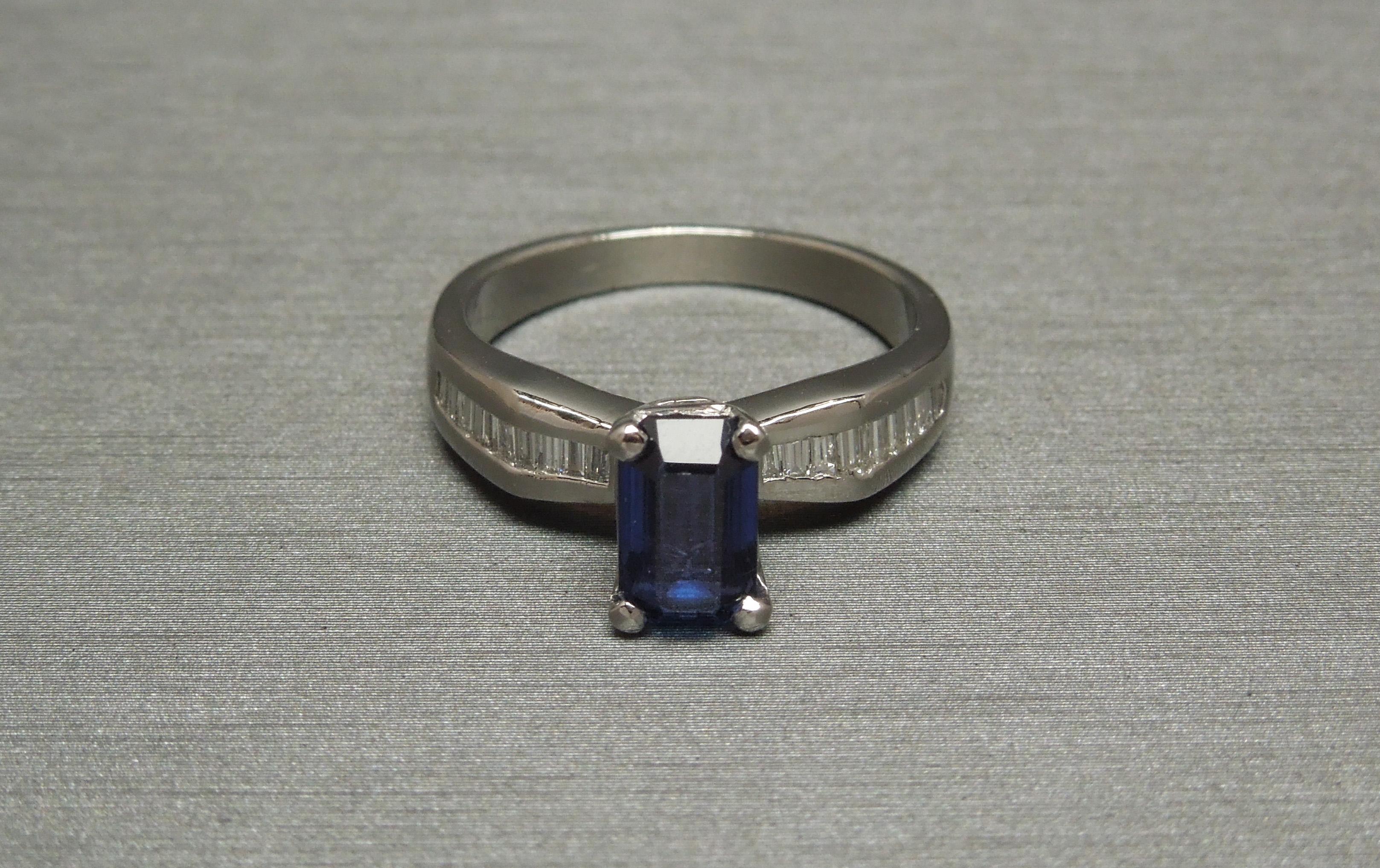 1.73 Carat Emerald Cut GIA Sapphire and Baguette Platinum Ring For Sale 4