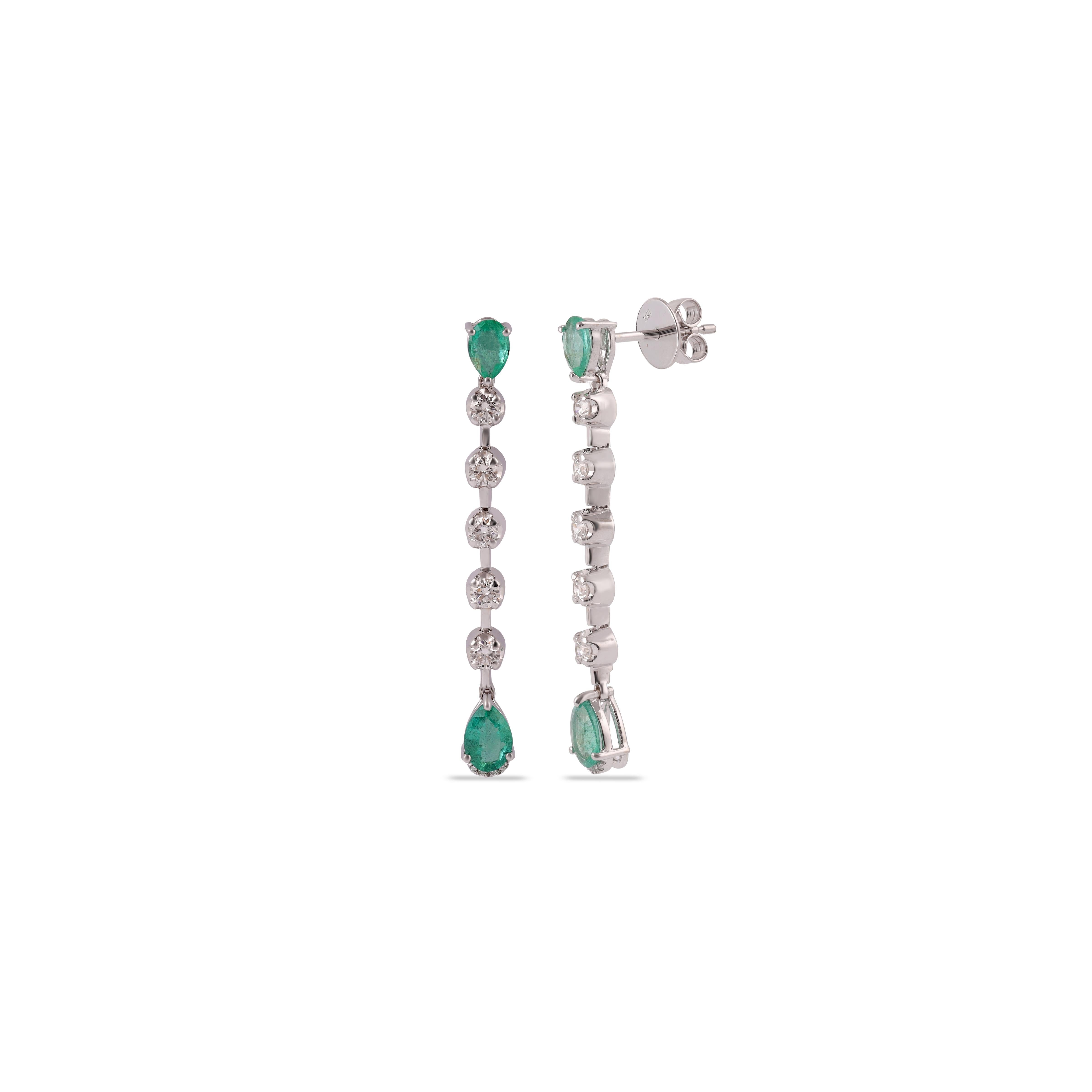 Modern 1.73 Carat  Emerald Mix Shape long drop Earrings 18k Gold For Sale