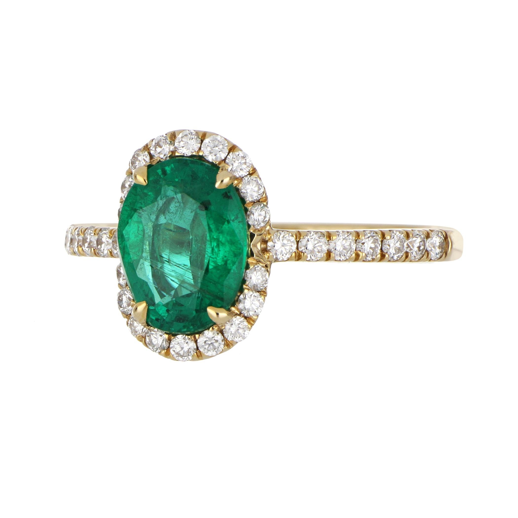 Elegant and exquisitely detailed Cocktail 14 K Ring, centre set with 1.73 Cts. Oval Cut Emerald. Surrounded with Diamonds, weighing approx. 0.43 ct. Beautifully Hand crafted in 14 Karat Yellow Gold.

Stone Size:
Emerald: 9 x 7 


Gemstone Carat