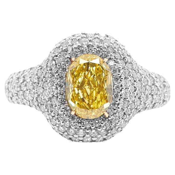 1.73 Carat Fancy Vivid Diamonds Oval Yellow VS2 Clarity in 18K Gold GIA Cert