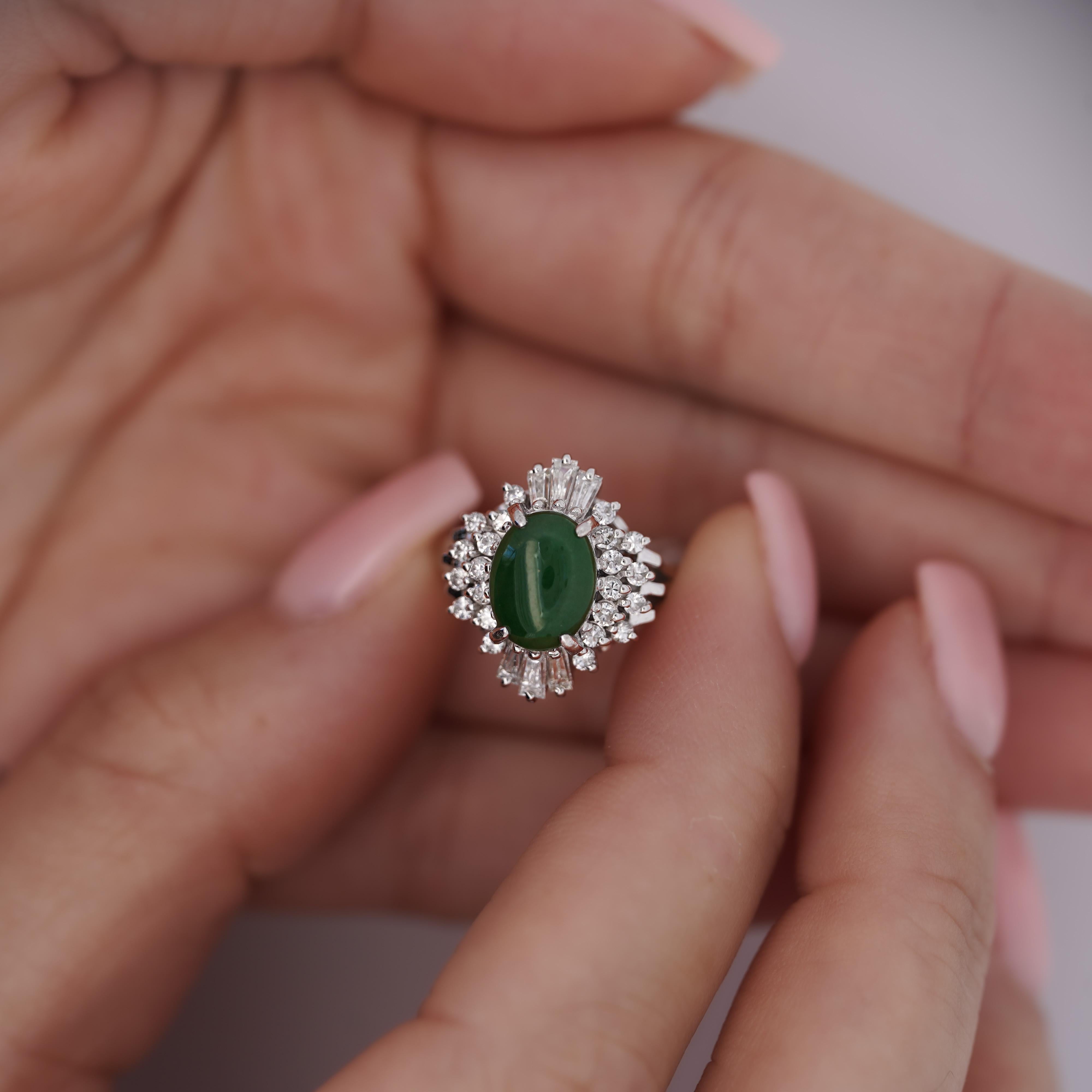 Retro 1.73 Carat Jadeite Jade Fei Cui & Diamond Halo Platinum Ballerina Filigree Ring For Sale
