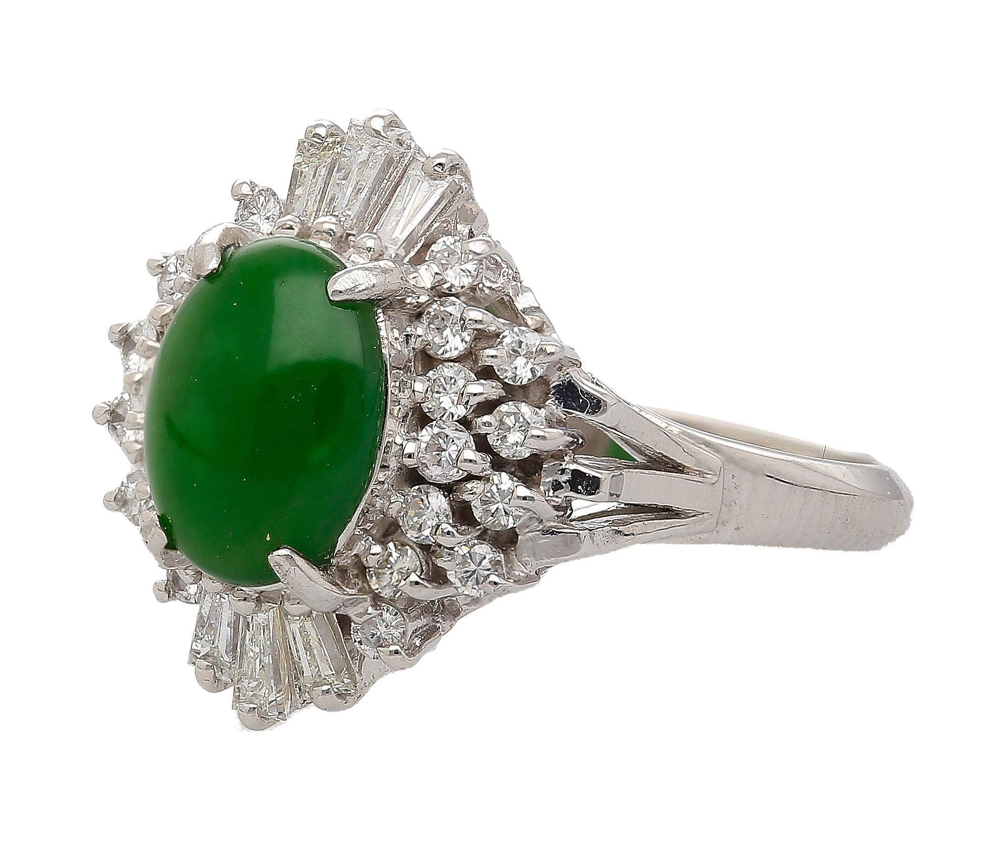 Oval Cut 1.73 Carat Jadeite Jade Fei Cui & Diamond Halo Platinum Ballerina Filigree Ring For Sale
