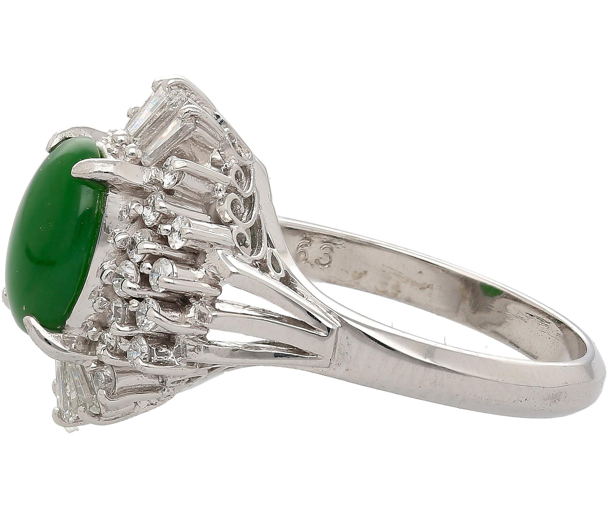 1.73 Carat Jadeite Jade Fei Cui & Diamond Halo Platinum Ballerina Filigree Ring In Excellent Condition For Sale In Miami, FL