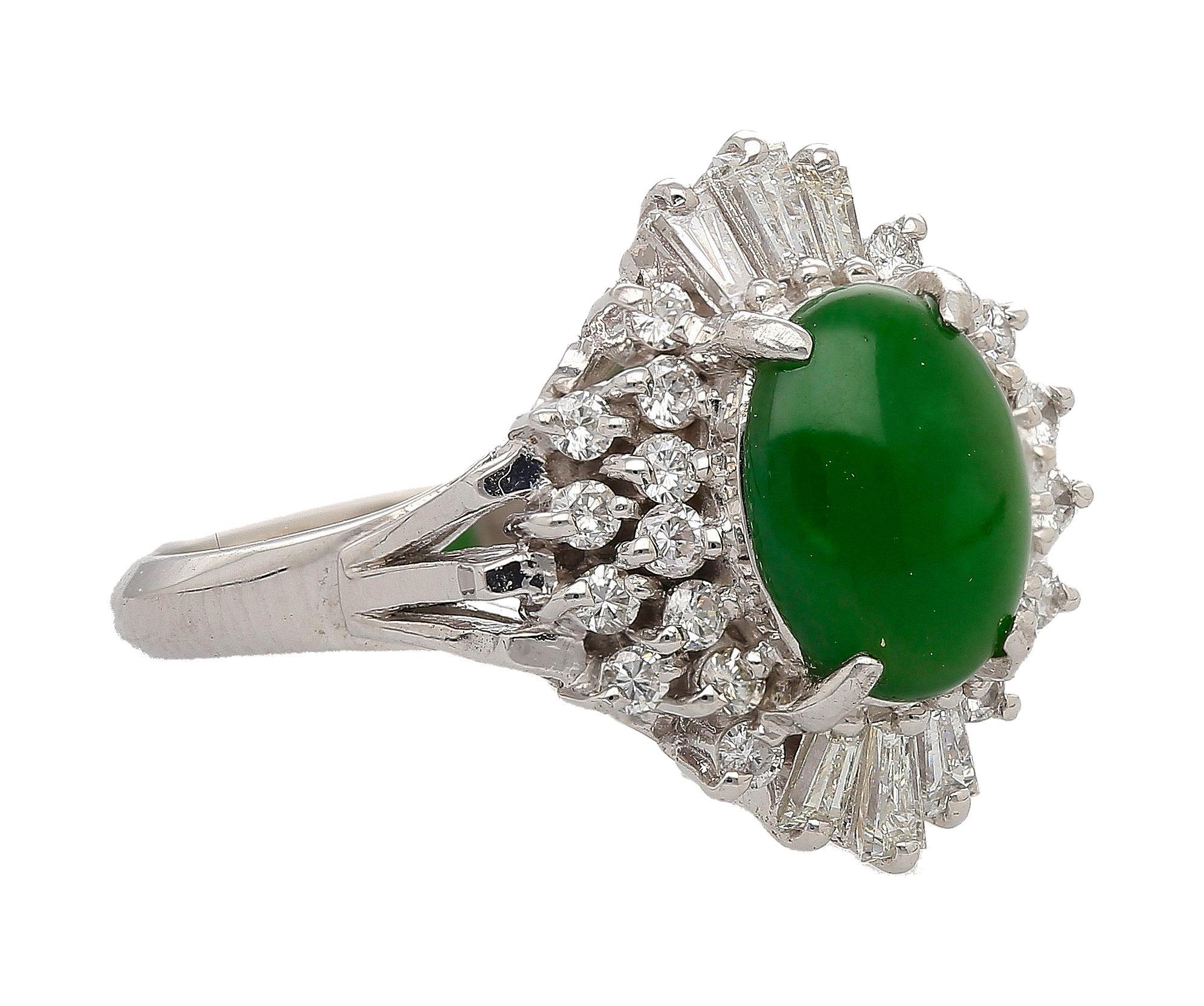 Women's 1.73 Carat Jadeite Jade Fei Cui & Diamond Halo Platinum Ballerina Filigree Ring For Sale