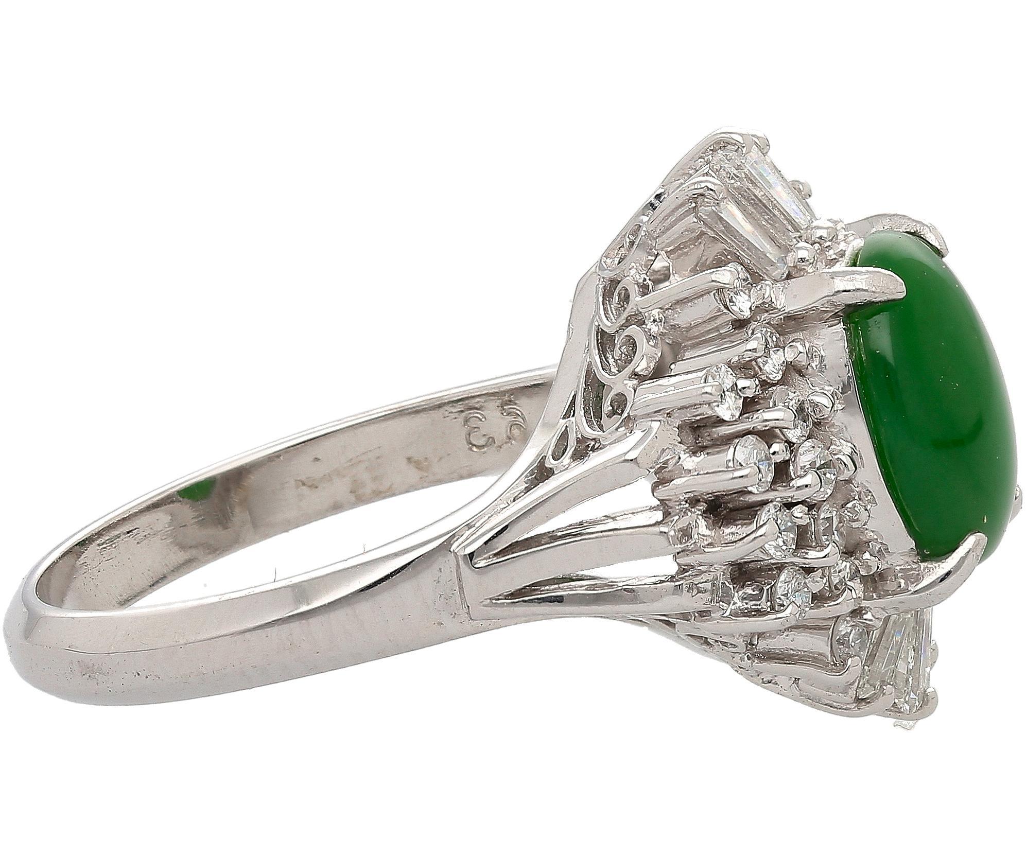 1.73 Carat Jadeite Jade Fei Cui & Diamond Halo Platinum Ballerina Filigree Ring For Sale 1