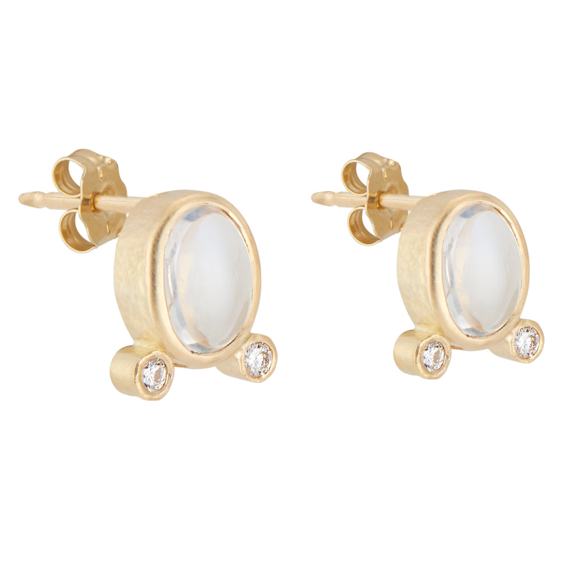 Oval Cut 1.73 Carat Moonstone Diamond Yellow Gold Earrings For Sale
