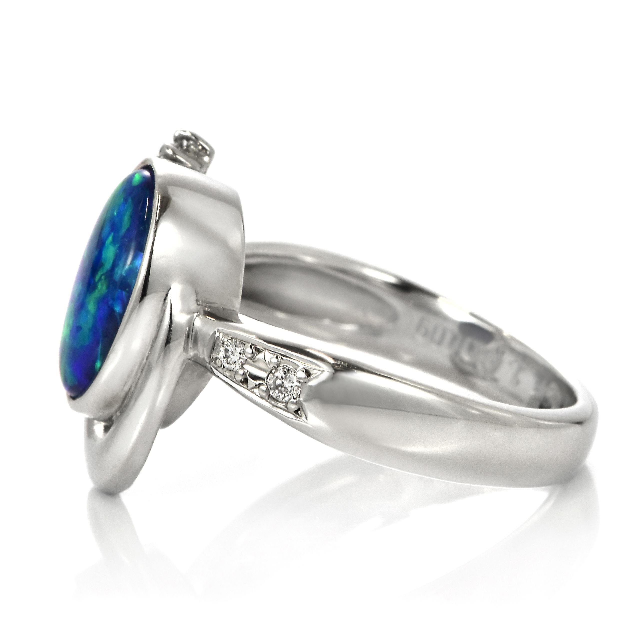 1.73 Carat Natural Australian Lightning Ridge Black Opal Ring Made in Platinum For Sale 4