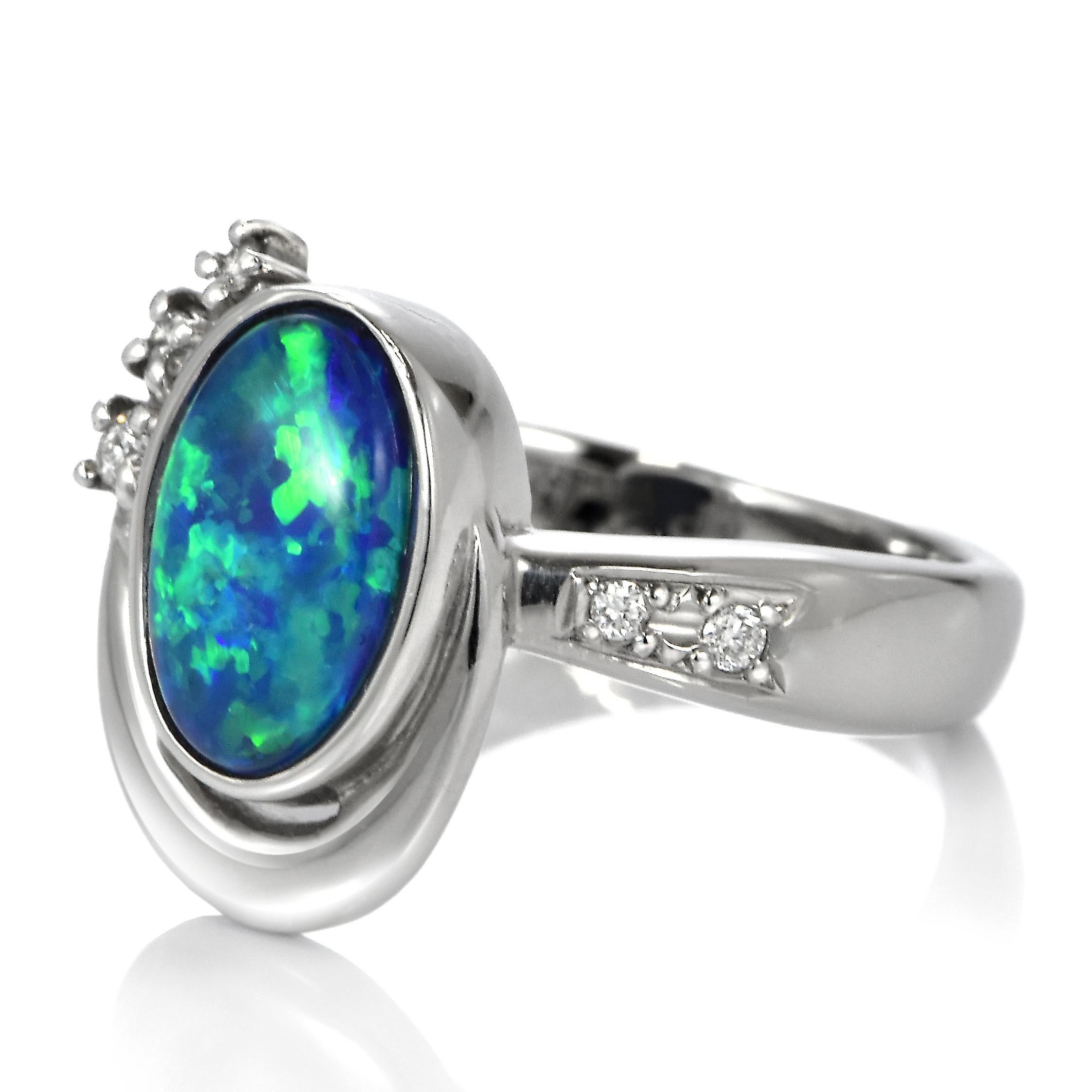 Cabochon 1.73 Carat Natural Australian Lightning Ridge Black Opal Ring Made in Platinum For Sale