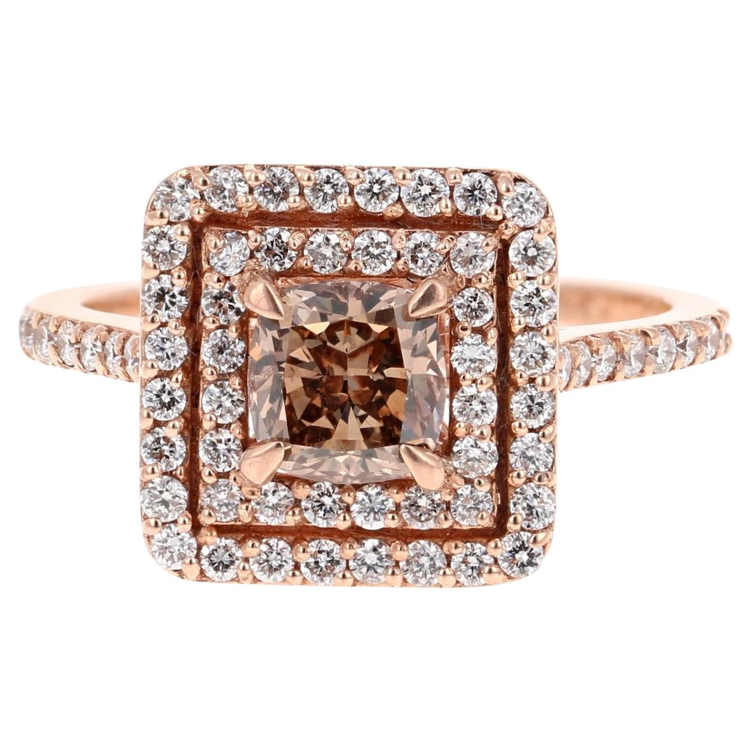1.73 Carat Natural Brown Cushion Cut Diamond Engagement Ring 14 Karat Rose Gold