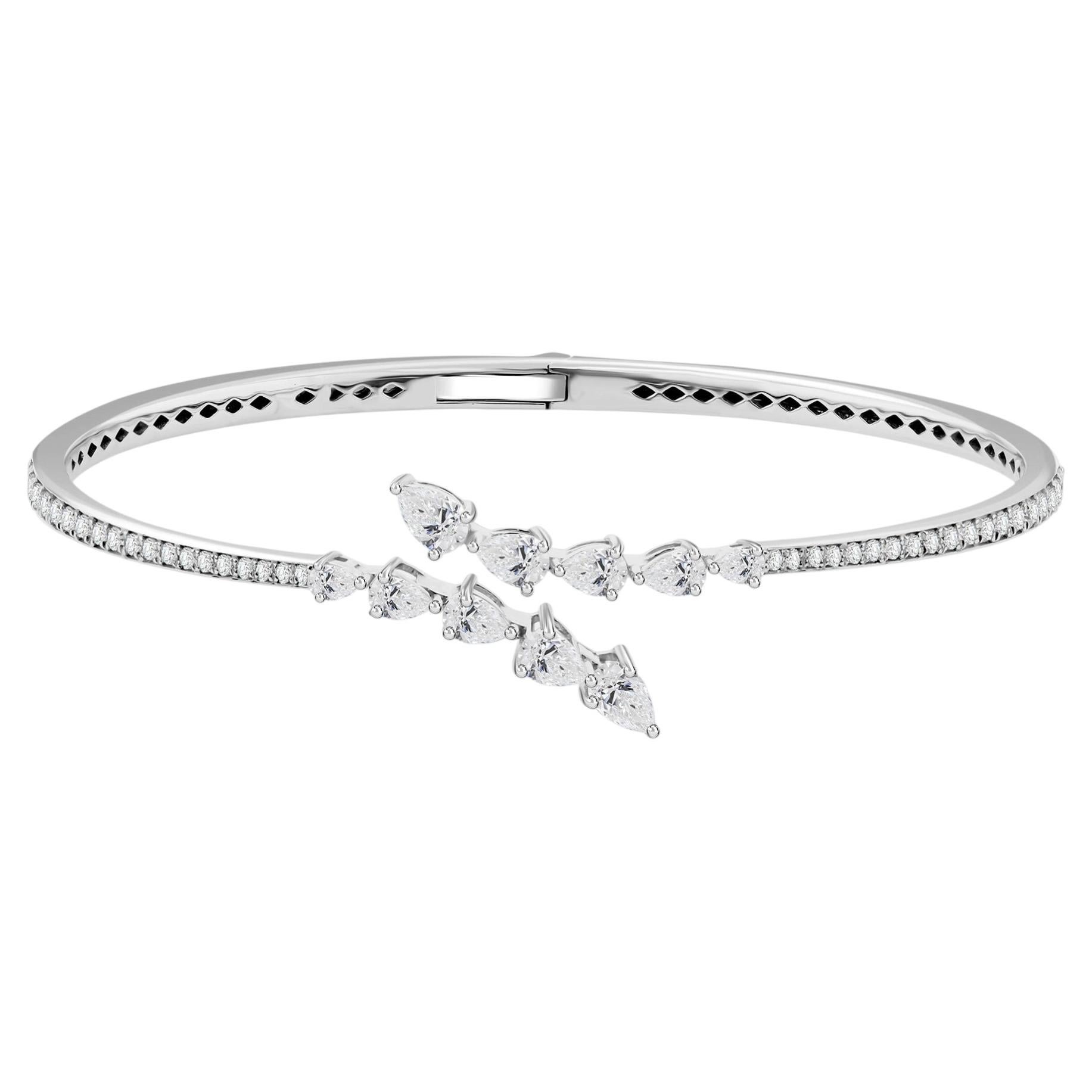 1.73 Carat Natural Pear Marquise Diamond Floral Bangle Bracelet 18K White Gold