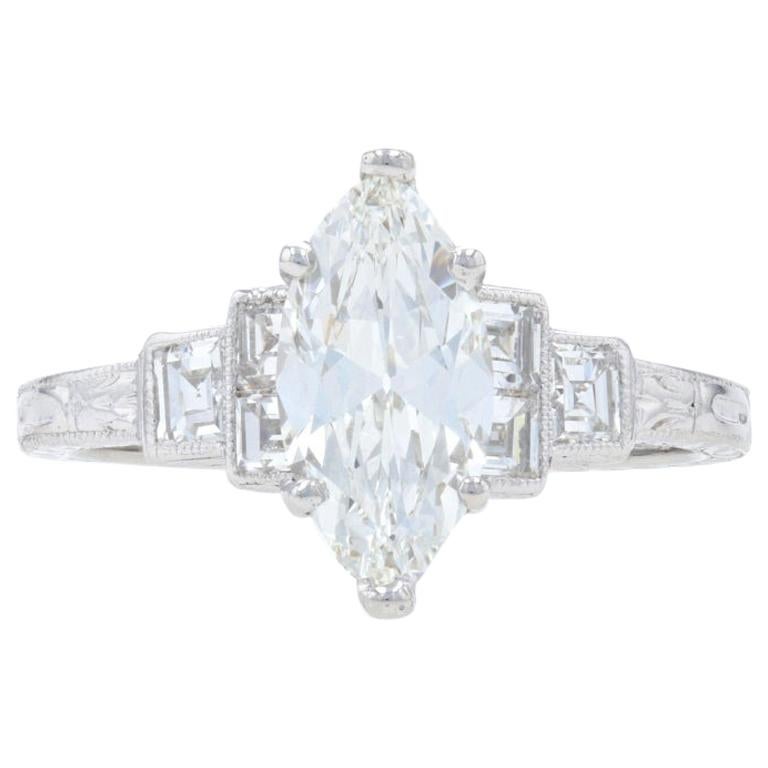 1.73 Carat Old Cut Marquise Diamond Art Deco Ring, Platinum Vintage GIA VVS2