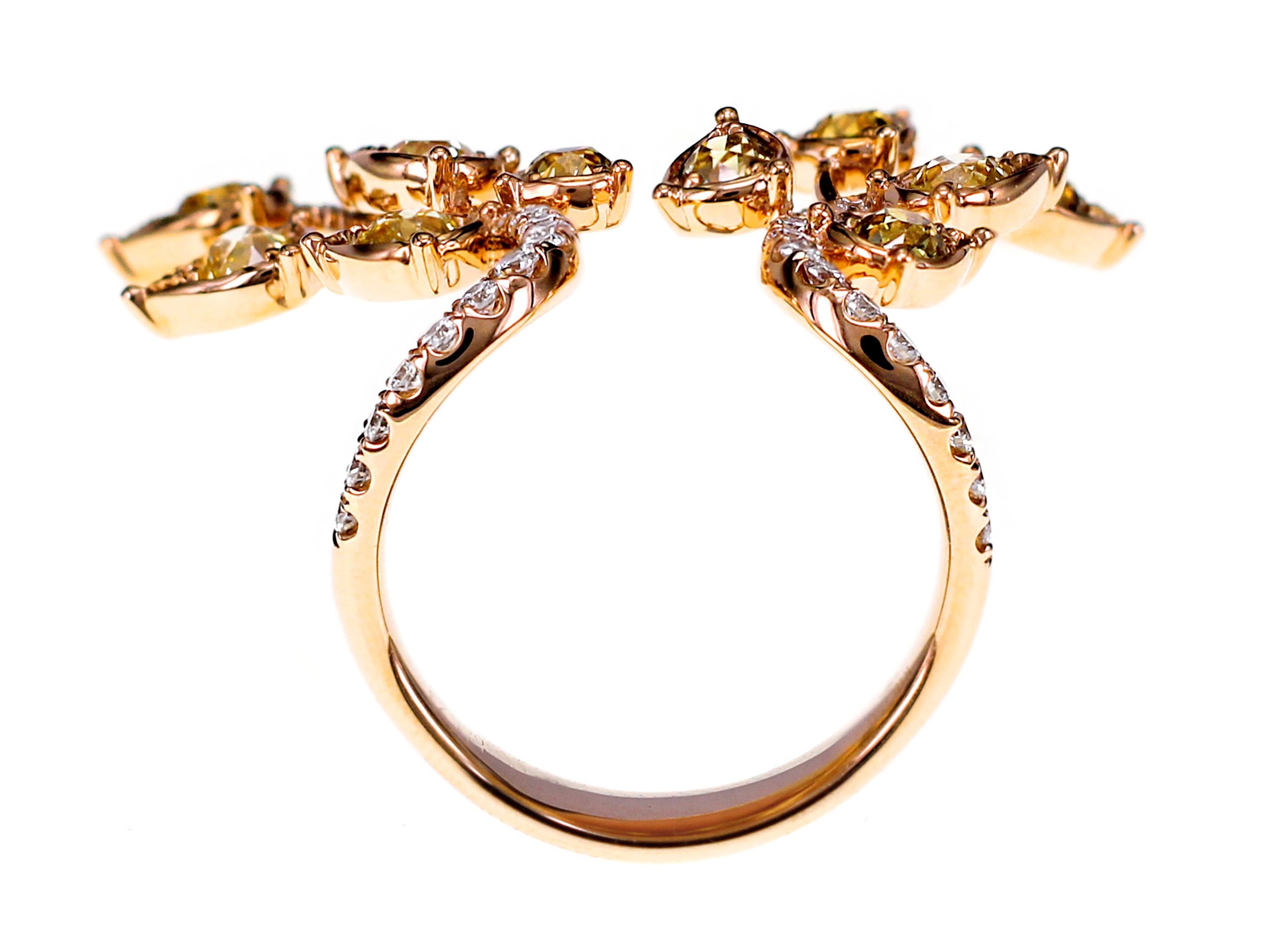 Women's or Men's 1.73 Carat Old European Cut Fancy Color Diamond Leafy Ring For Sale