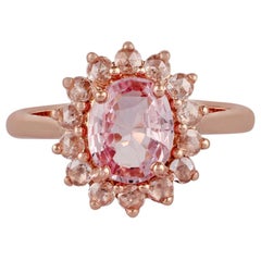 Bague Padparadscha en or rose 18 carats cloutée de saphirs et diamants de 1,73 carat