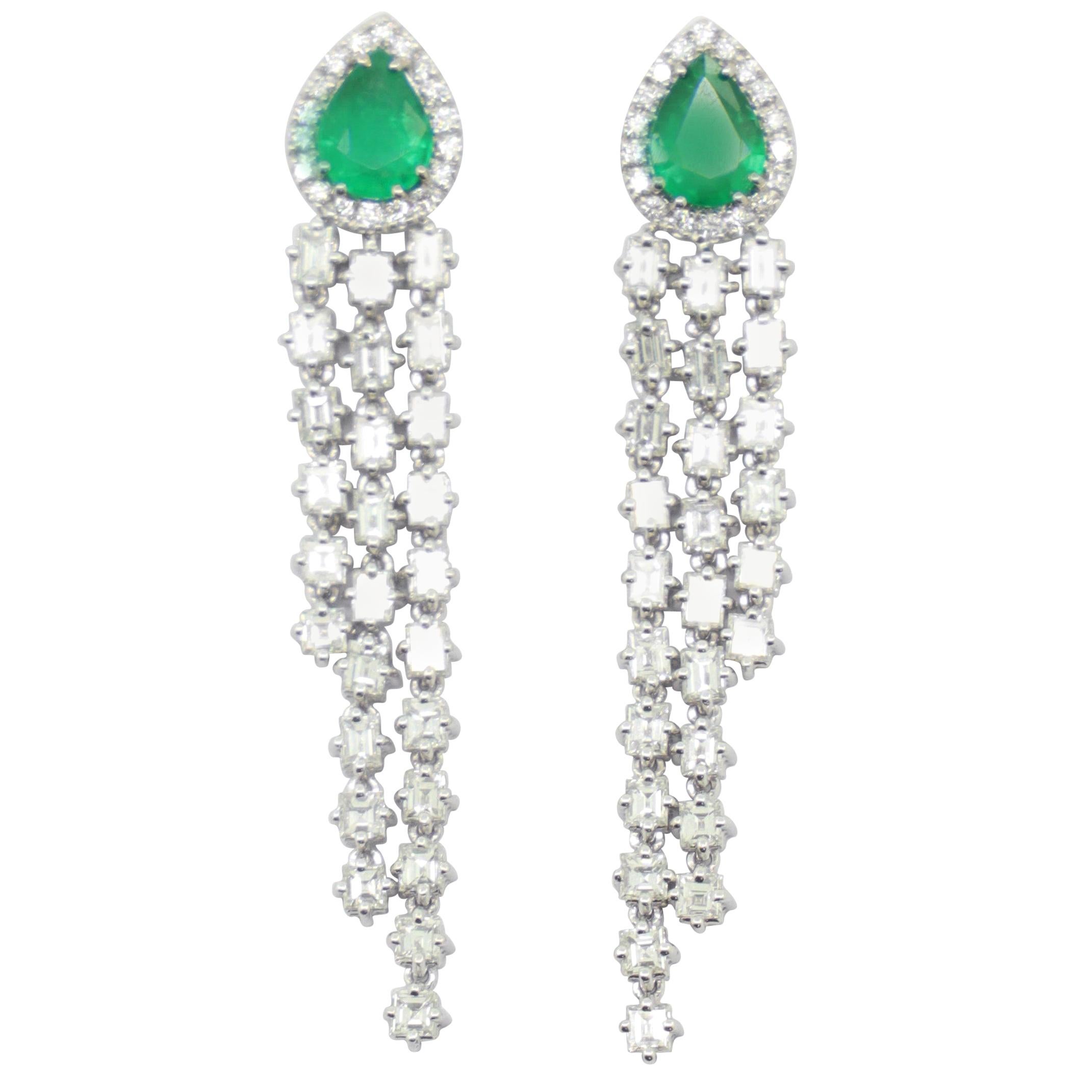1.73 Carat Pear Shape Emerald and White Diamonds Dangle Earrings For Sale