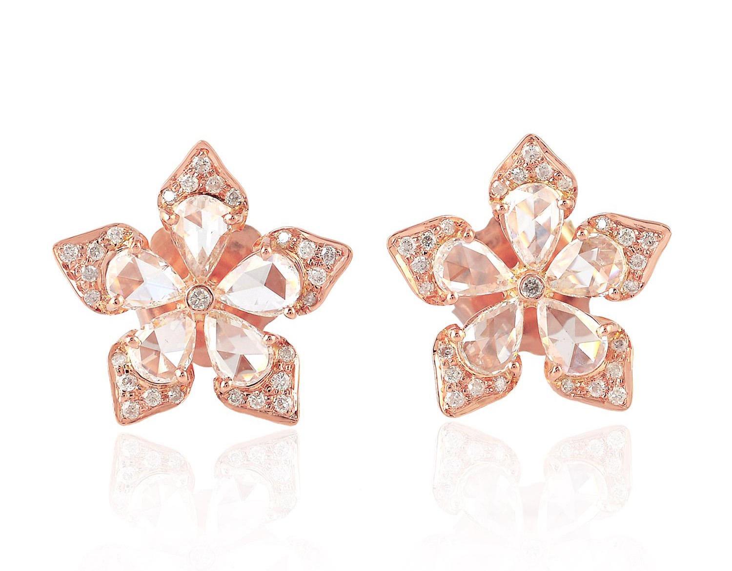 1.73 Carat Rose Cut Diamond 18 Karat Gold Flower Stud Earrings In New Condition For Sale In Hoffman Estate, IL