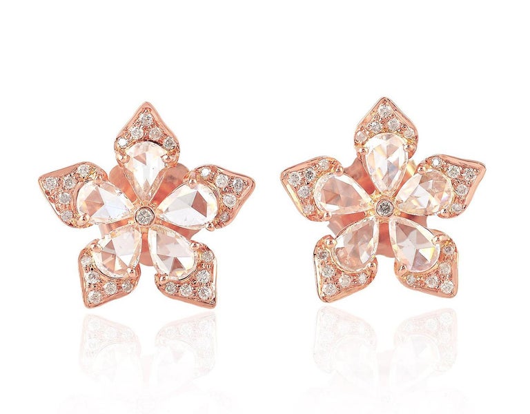 1.73 Carat Rose Cut Diamond 18 Karat Gold Flower Stud Earrings For Sale ...