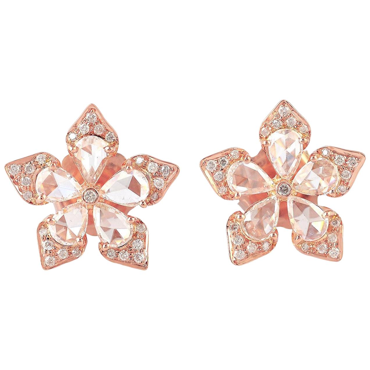 1.73 Carat Rose Cut Diamond 18 Karat Gold Flower Stud Earrings For Sale