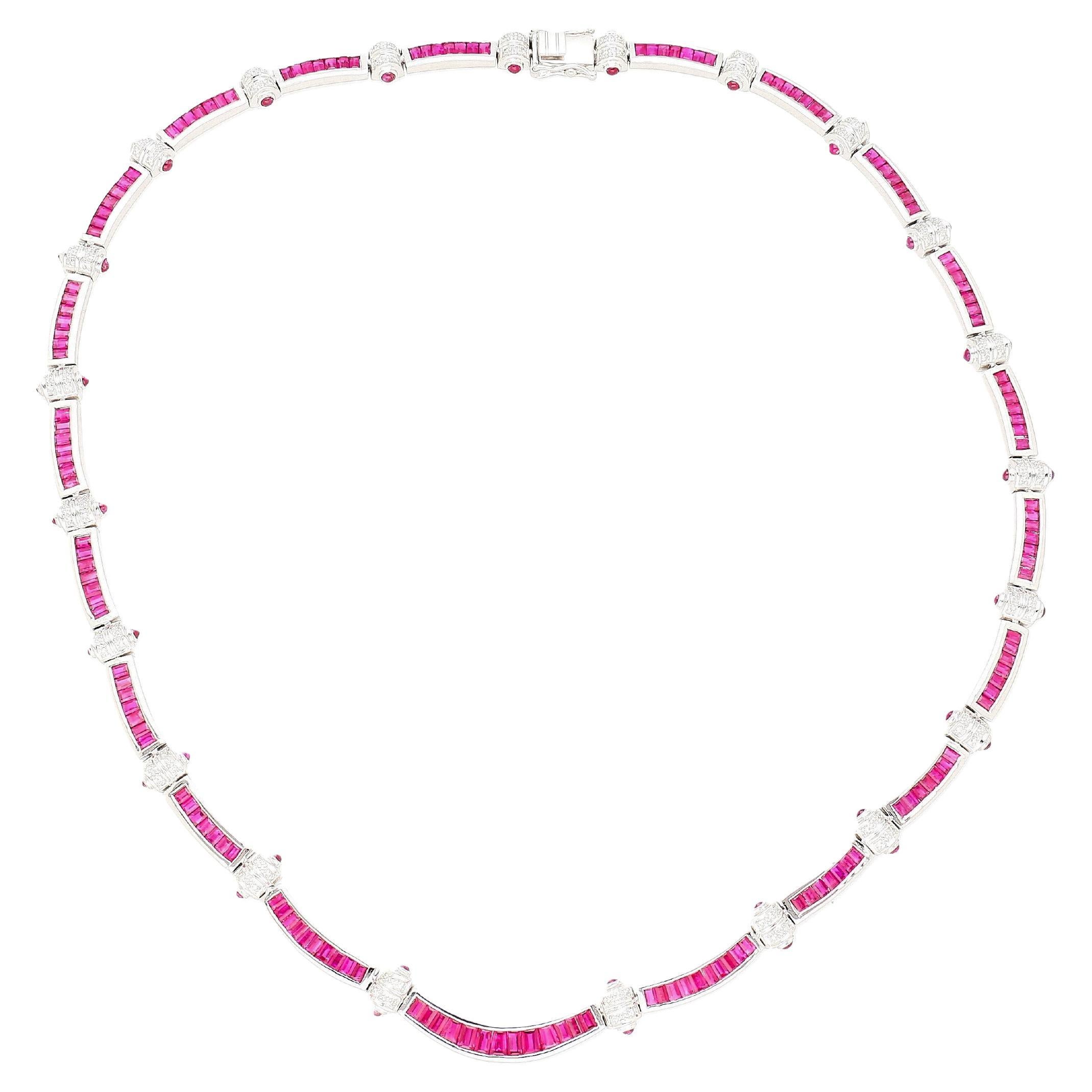 17.3 Carat Ruby and Diamond 18K White Gold Retro Choker Necklace