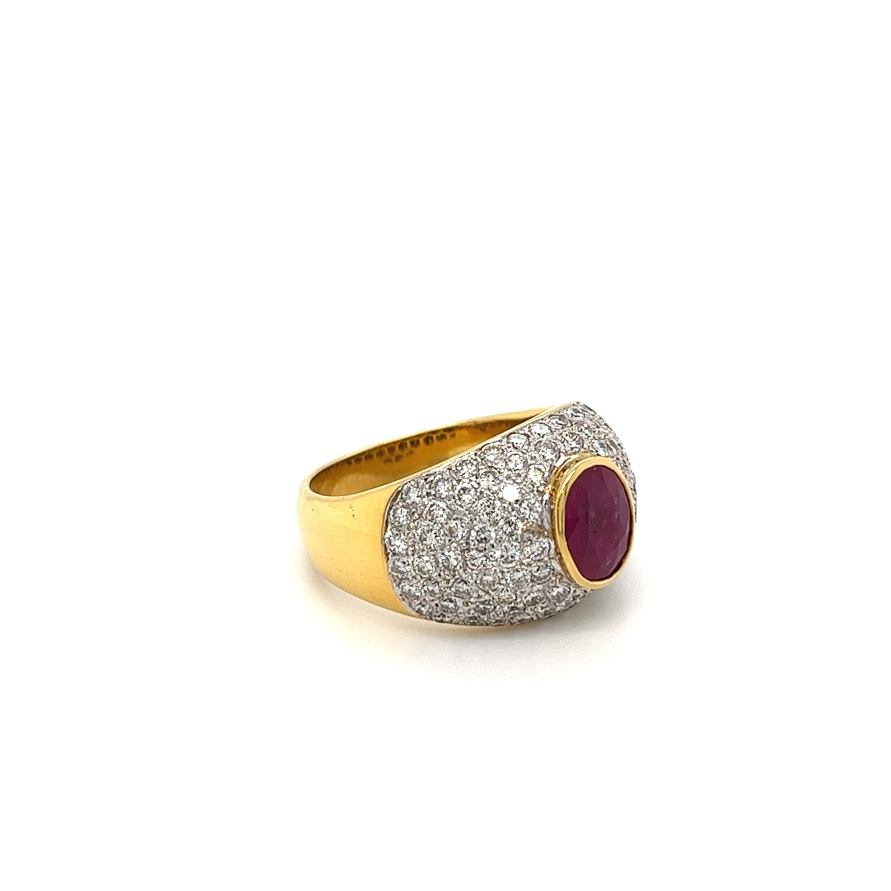 Art Nouveau 1.73 Carat Ruby and Diamond Cluster Dome Cocktail Ring in 18k Gold For Sale