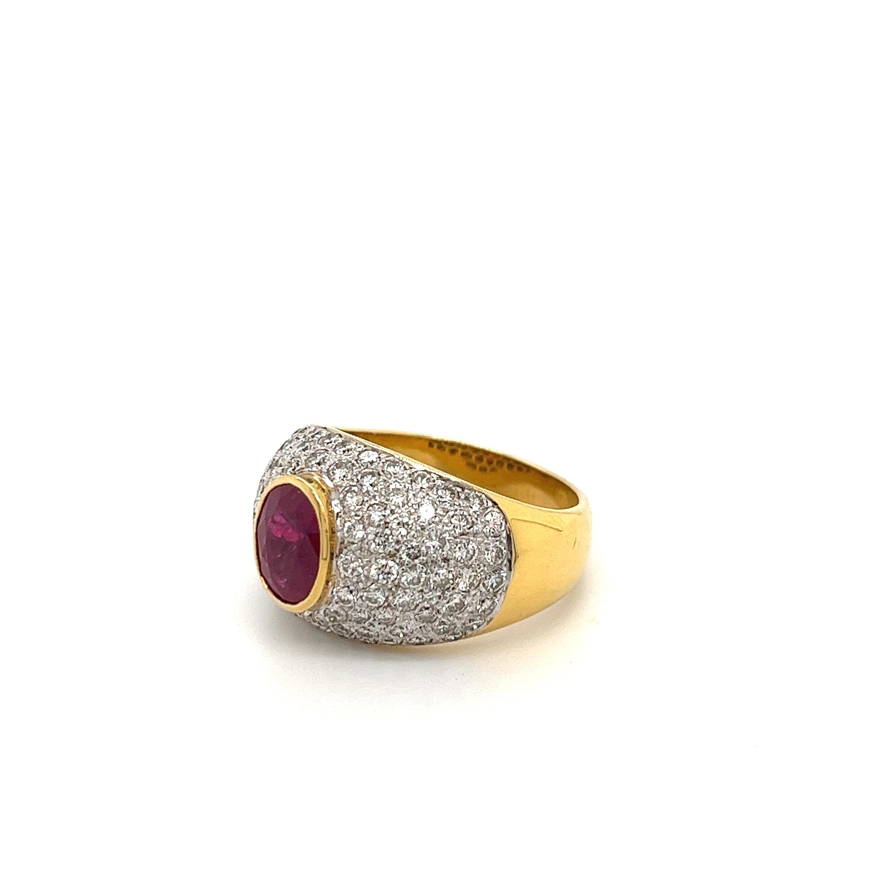 Oval Cut 1.73 Carat Ruby and Diamond Cluster Dome Cocktail Ring in 18k Gold For Sale