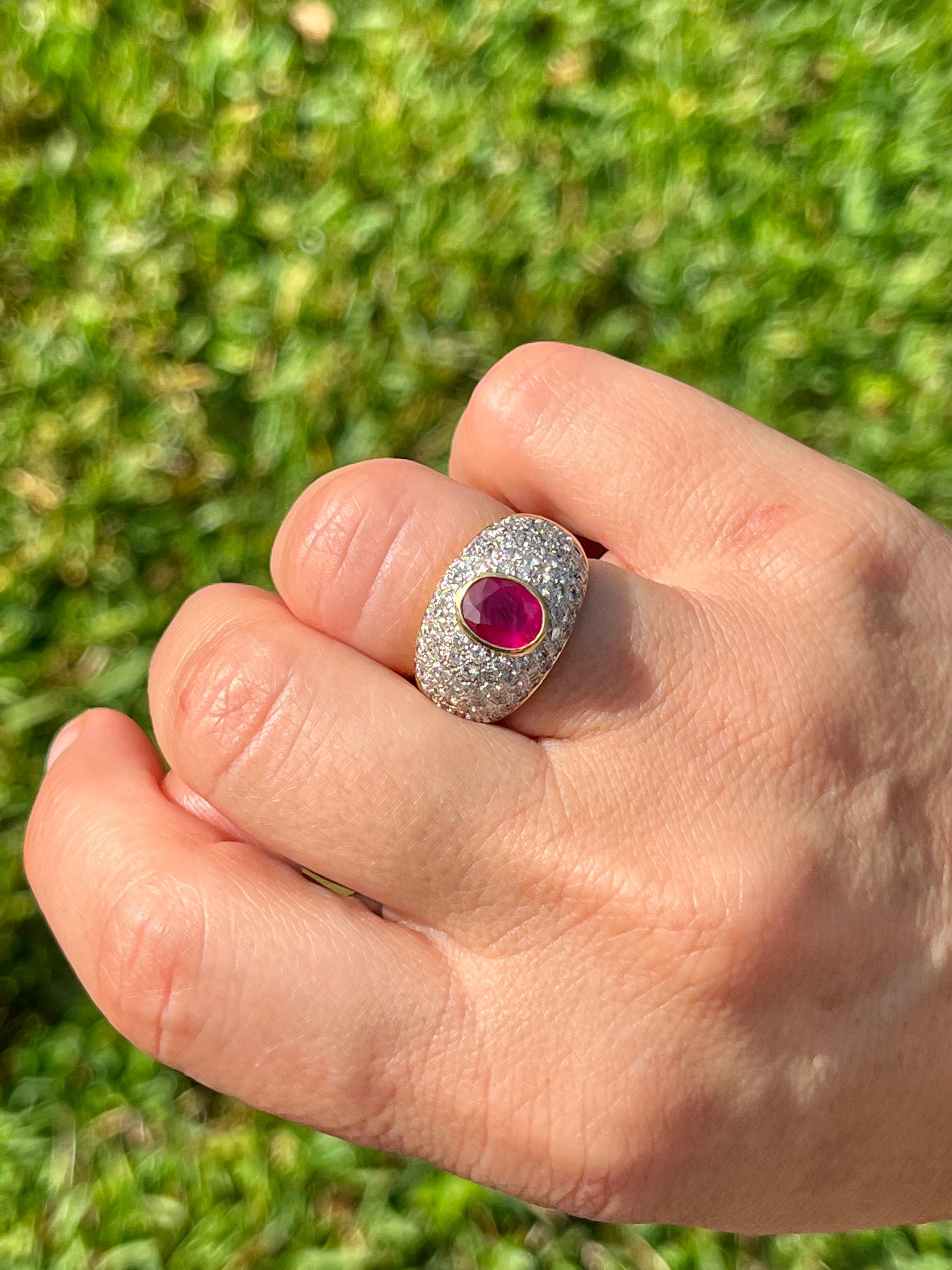 1.73 Carat Ruby and Diamond Cluster Dome Cocktail Ring in 18k Gold For Sale 1