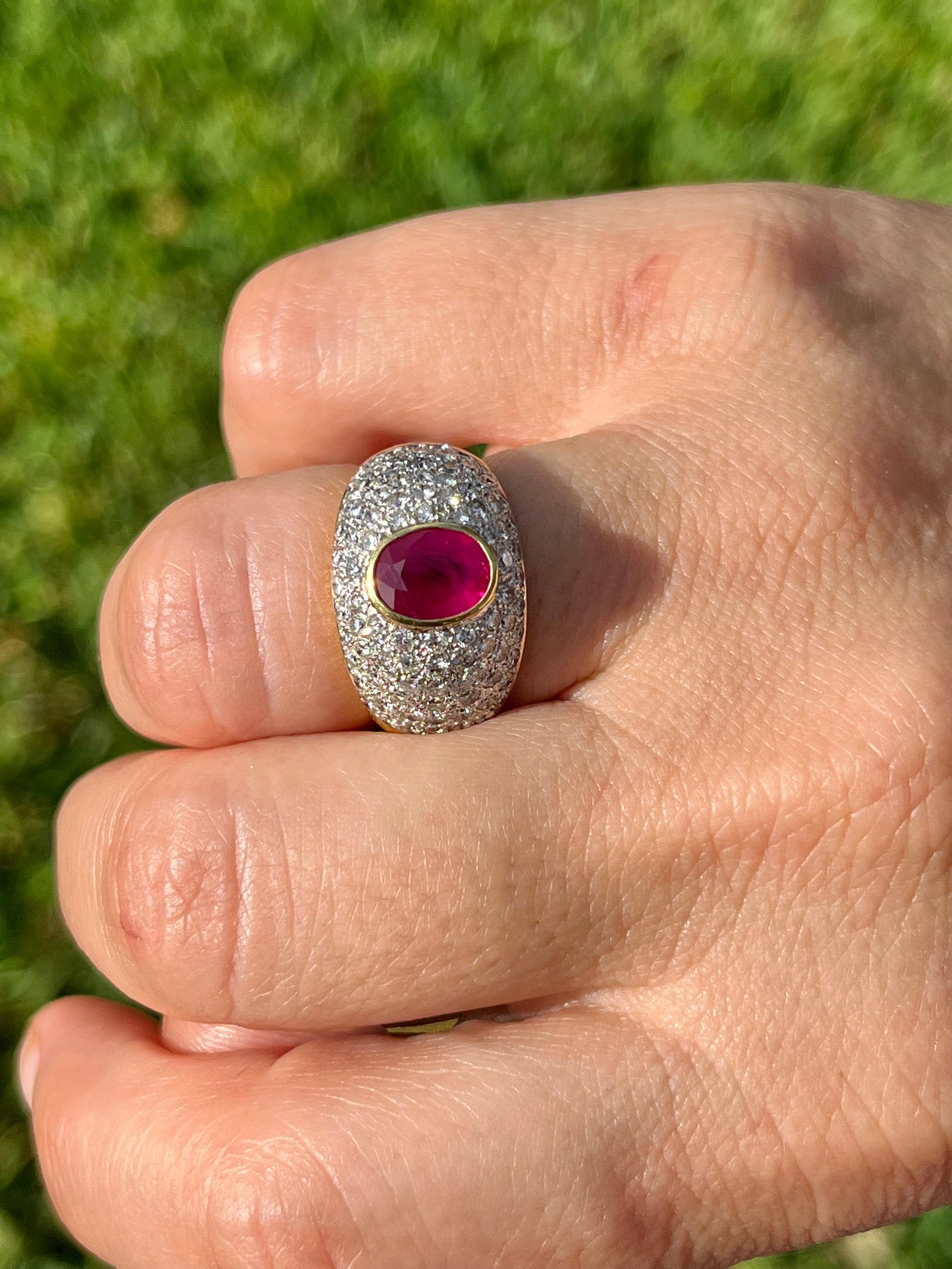 1.73 Carat Ruby and Diamond Cluster Dome Cocktail Ring in 18k Gold For Sale 2