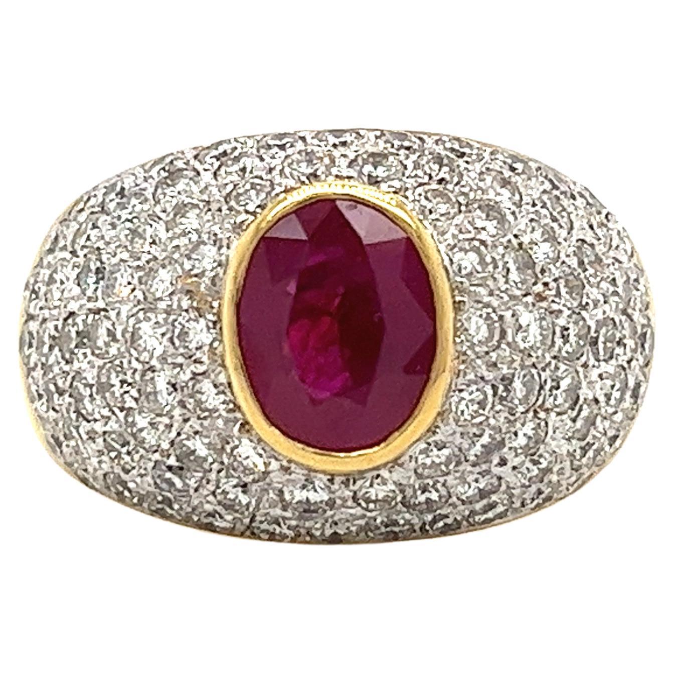 1.73 Carat Ruby and Diamond Cluster Dome Cocktail Ring in 18k Gold For Sale