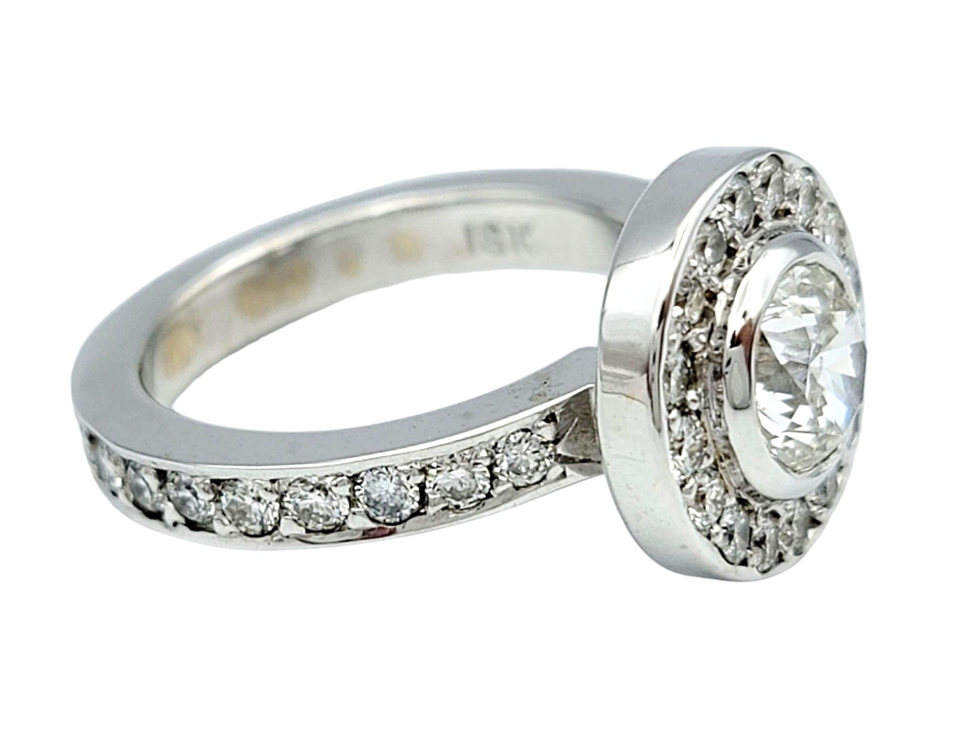 Round Cut 1.73 Carat Total Round Diamond Engagement Ring with Halo in 18 Karat White Gold For Sale
