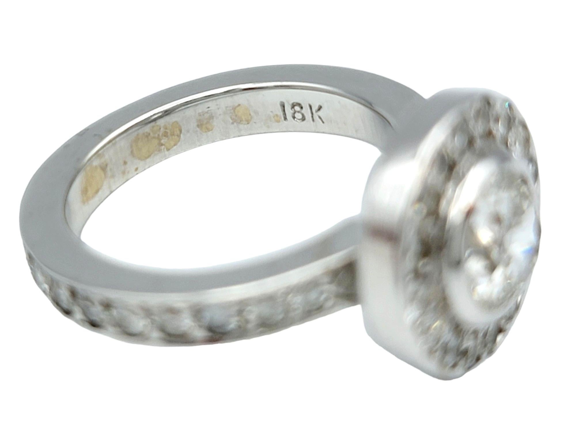 1.73 Carat Total Round Diamond Engagement Ring with Halo in 18 Karat White Gold For Sale 1