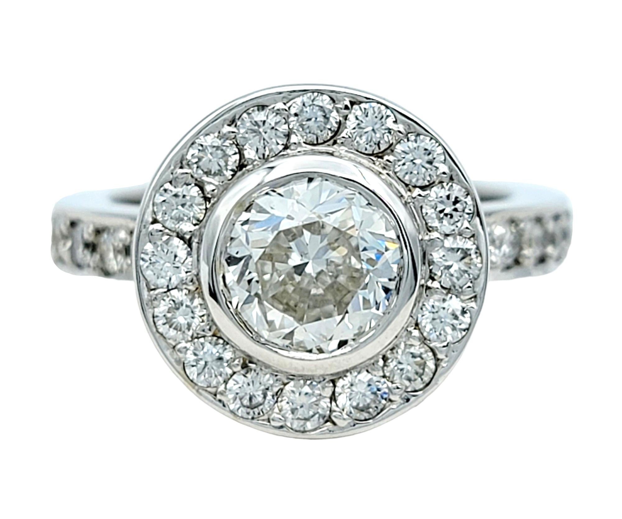 1.73 Carat Total Round Diamond Engagement Ring with Halo in 18 Karat White Gold For Sale 2