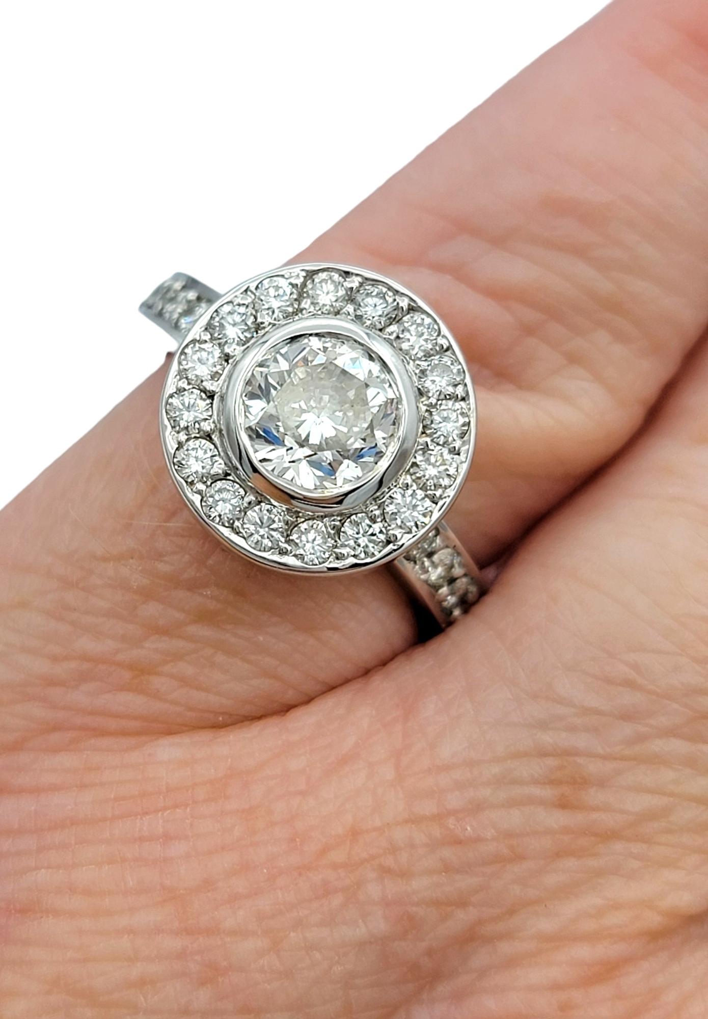 1.73 Carat Total Round Diamond Engagement Ring with Halo in 18 Karat White Gold For Sale 3
