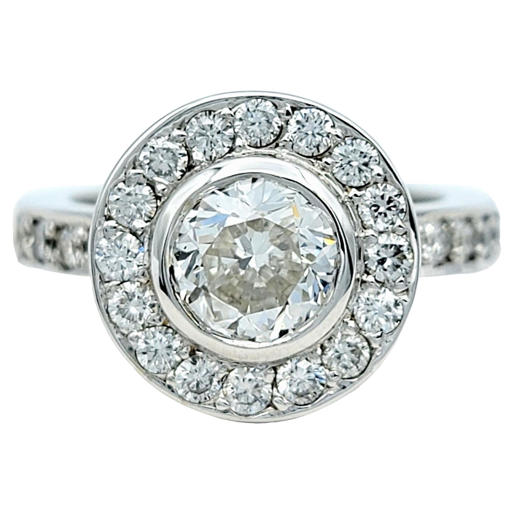 1.73 Carat Total Round Diamond Engagement Ring with Halo in 18 Karat White Gold For Sale