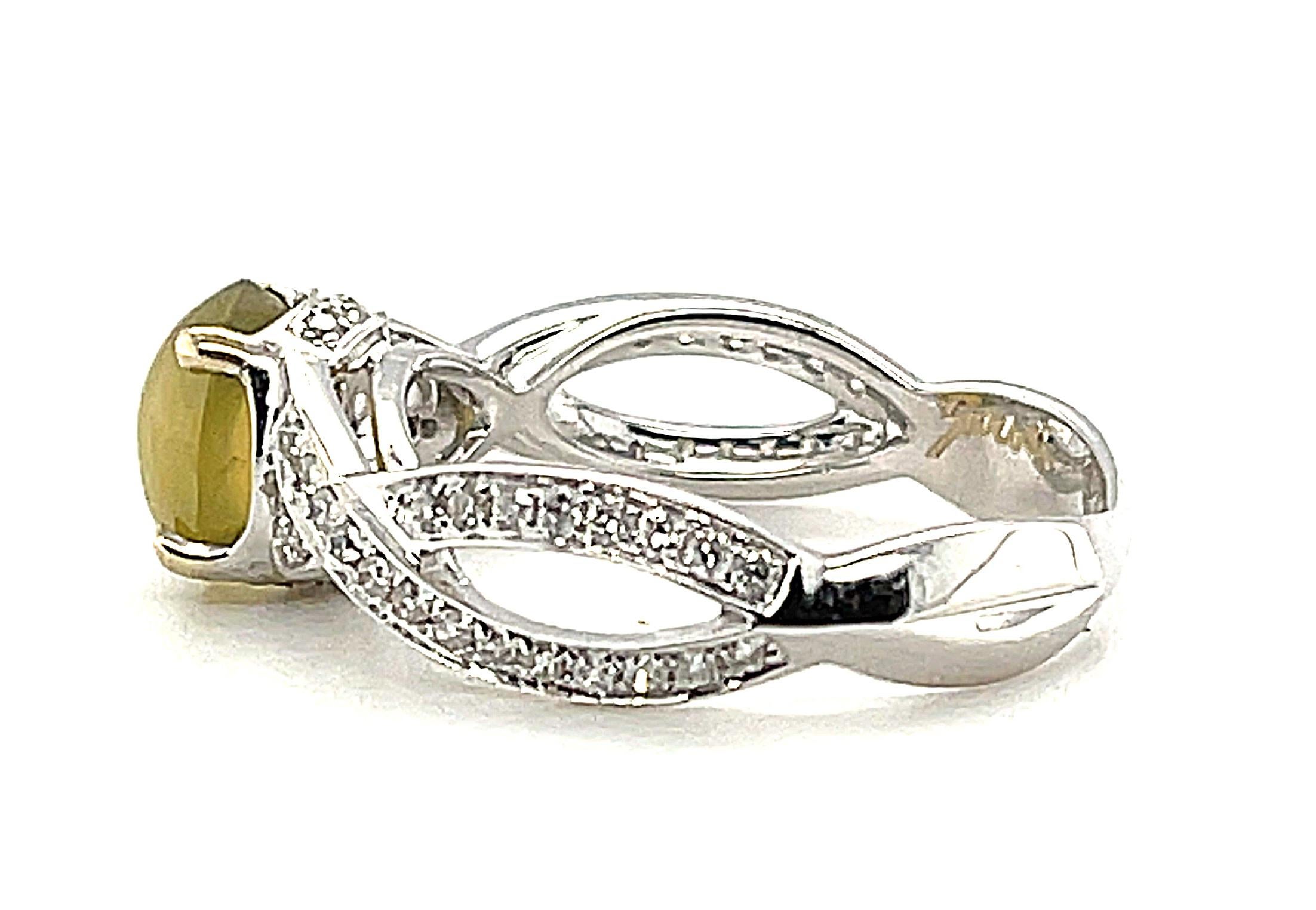 Artisan 1.73 ct. Cat's Eye Chrysoberyl Cabochon and Diamond, 18k White Gold Ring