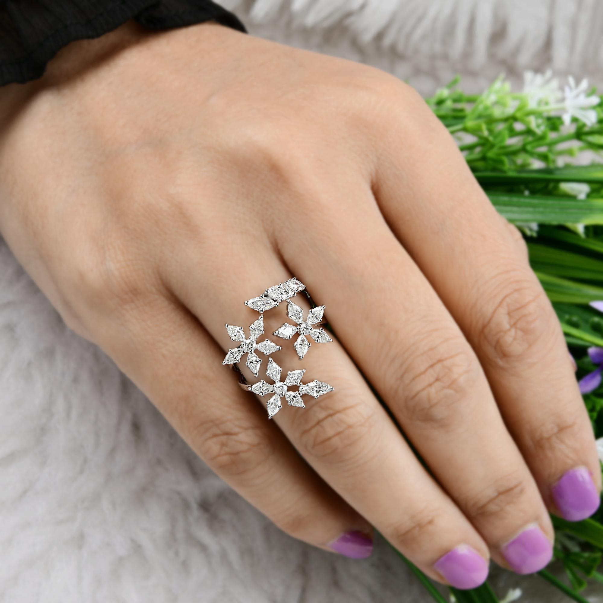 Women's 1.73 Ct Marquise Round Diamond Flower Wrap Ring 14 Karat White Gold Fine Jewelry For Sale