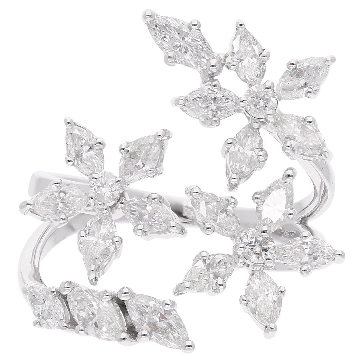 Bague enveloppante en or blanc 14 carats avec fleur en diamants ronds taille marquise de 1,73 carat