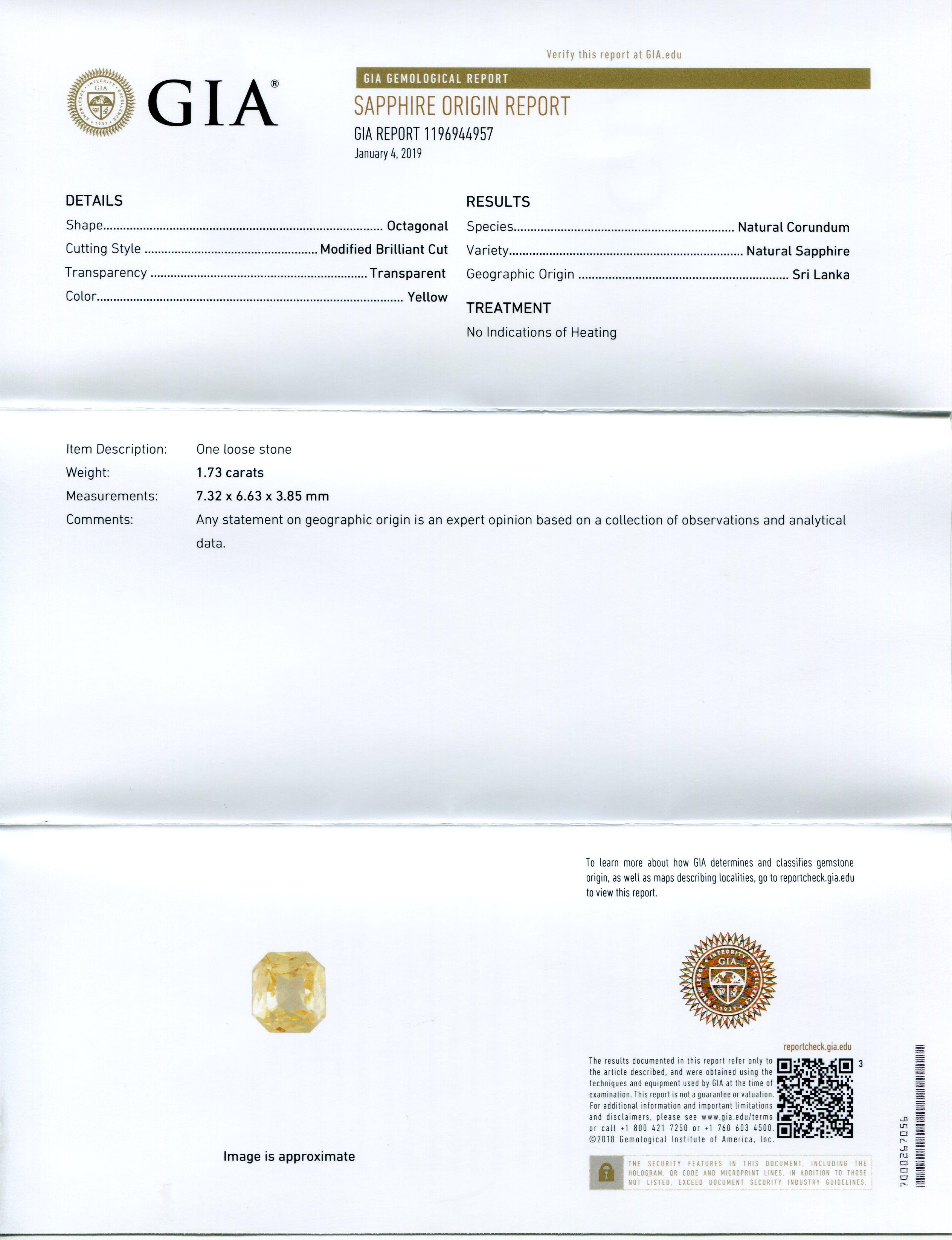 Octagon Cut 1.73 Carat Yellow Sapphire Octagonal GIA Certified Unheated, Sri Lanka For Sale