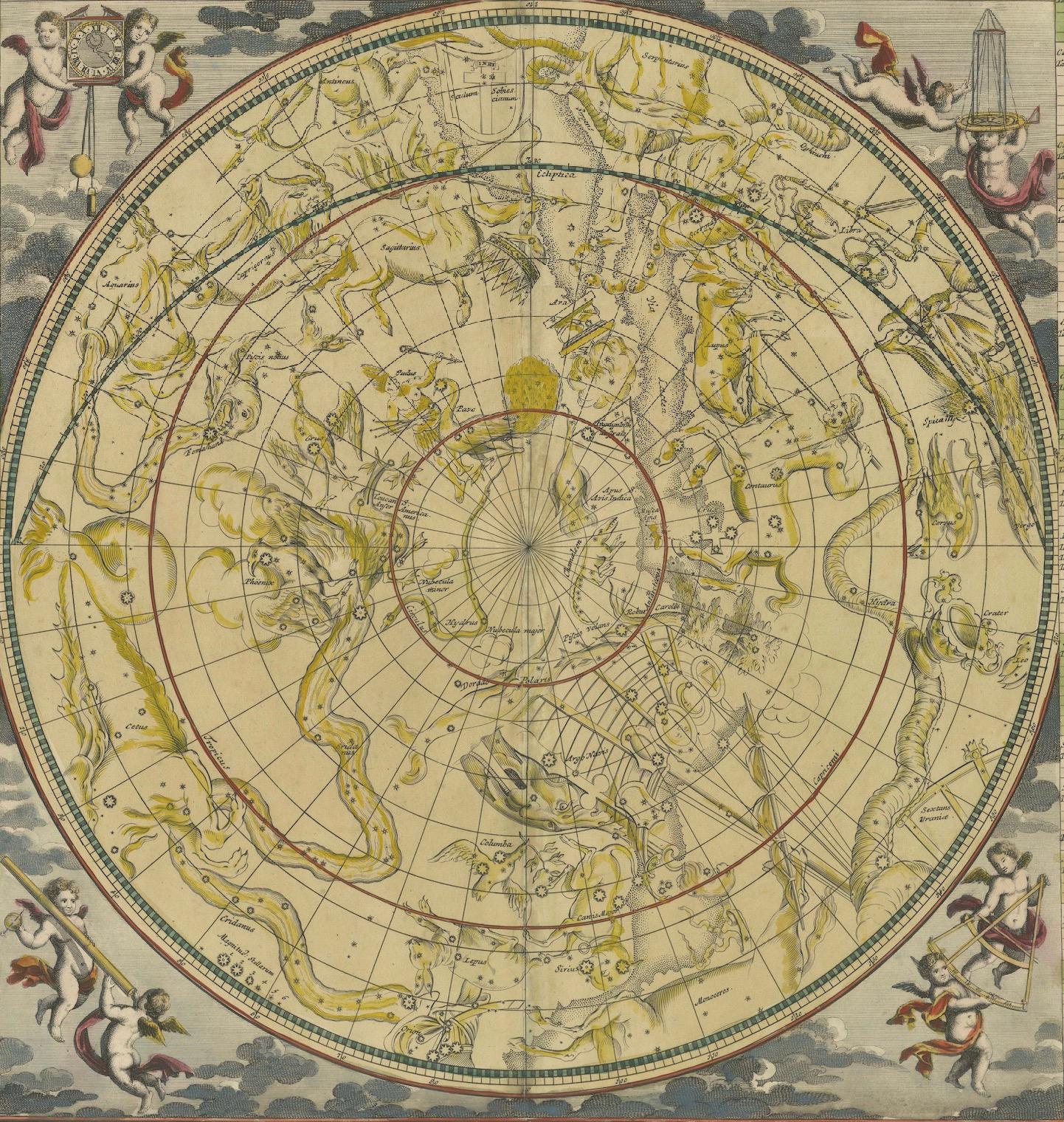Carta Celeste del Hemisferio Sur de 1730 con signos del zodíaco y putti decorativos Papel en venta