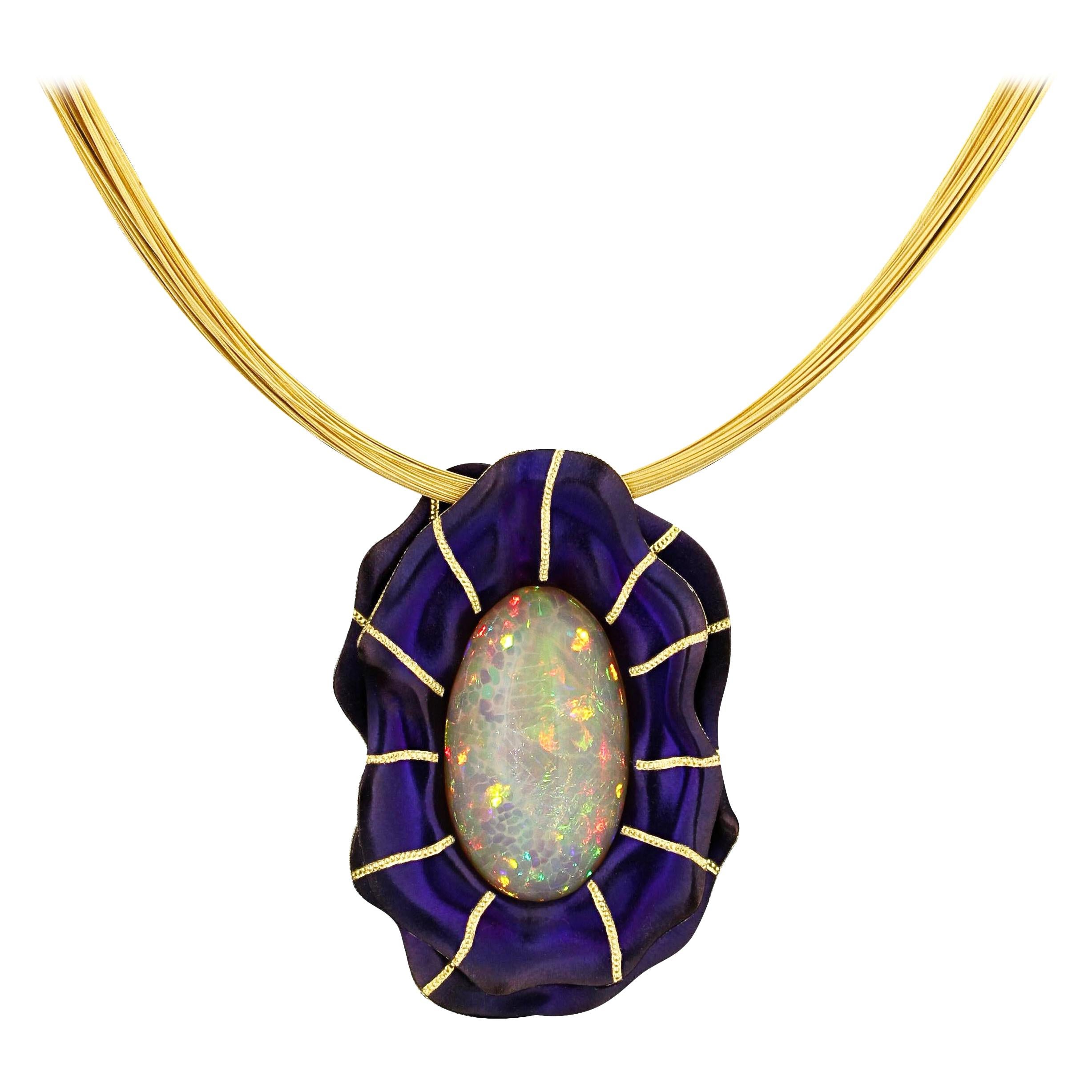 Contemporary 17.32 Carat Opal in Floral Purple Zirconium Pendant by Zoltan David For Sale