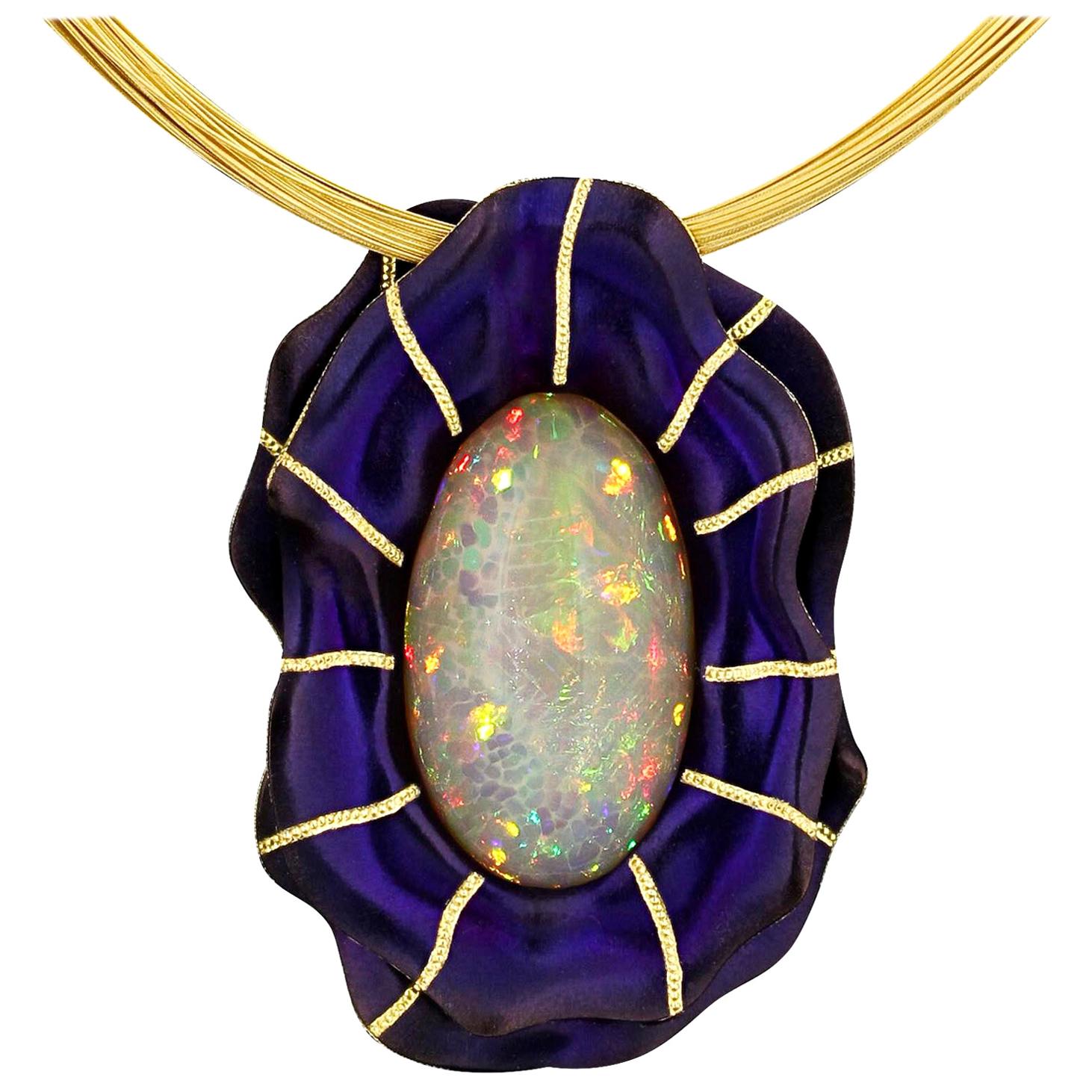 17.32 Carat Opal in Floral Purple Zirconium Pendant by Zoltan David For Sale